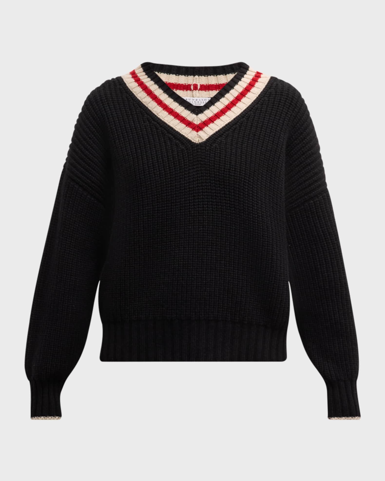 Cashmere English Ribbed Sweater with Varsity Stripes 0