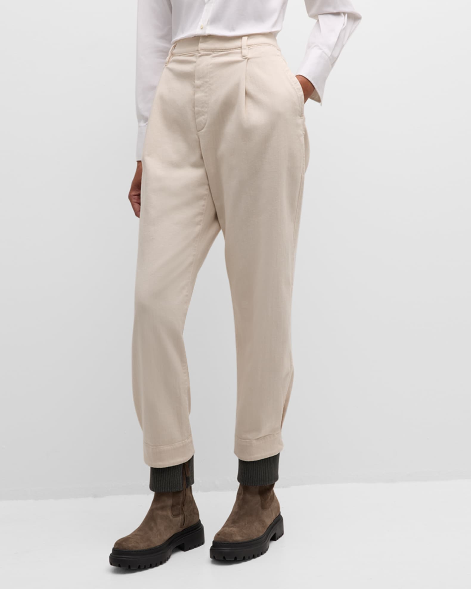 Pleated Straight-Leg Ankle Cotton Pants With Monili Belt Loop 1