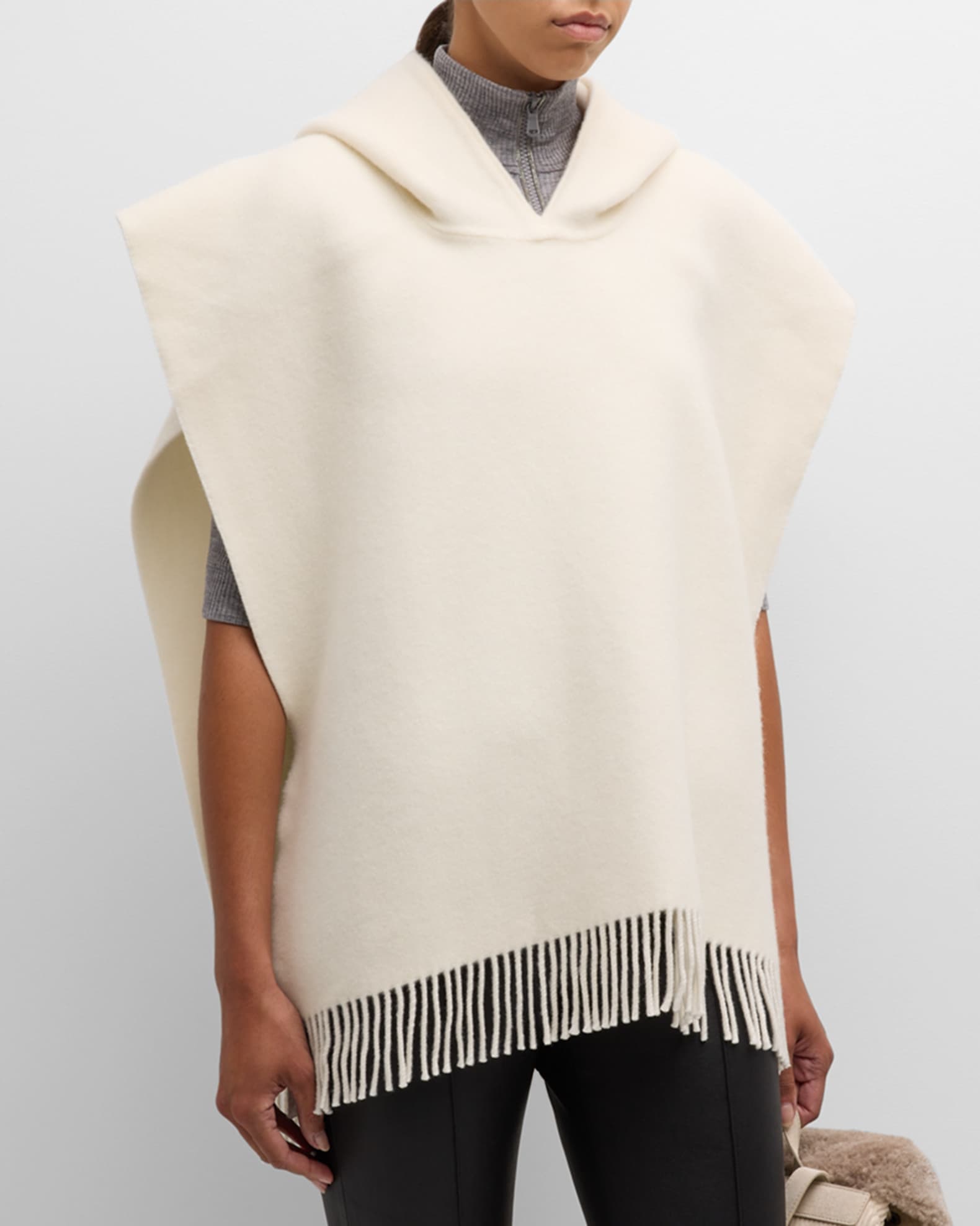 Double-Face Cashmere Hooded Poncho with Fringe 1