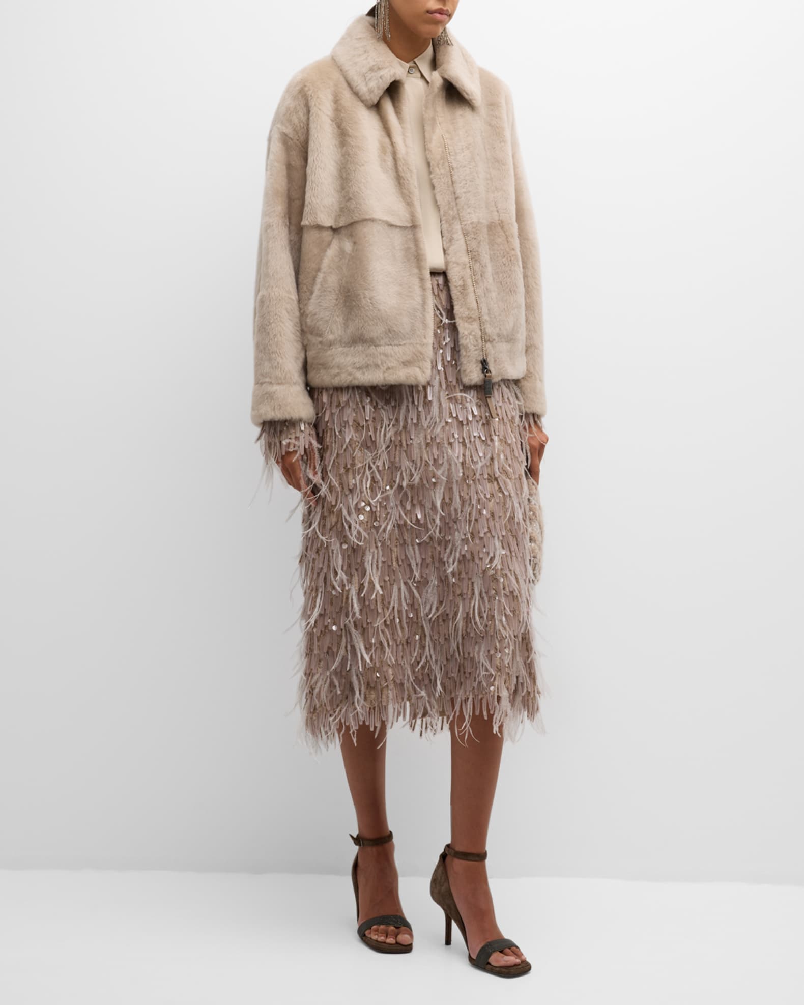 Chandelier Feather-Cuff Crepe De Chine Blouse 1