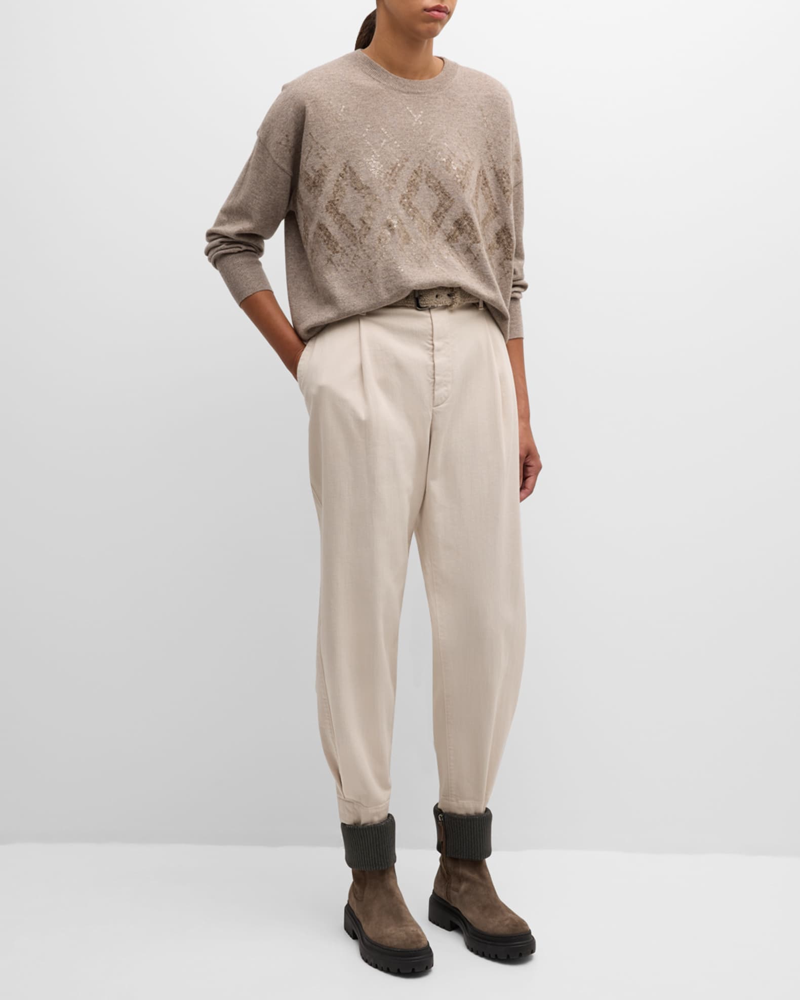 Two-Tone Cashmere Crewneck with Mountain Mosaic Sequins