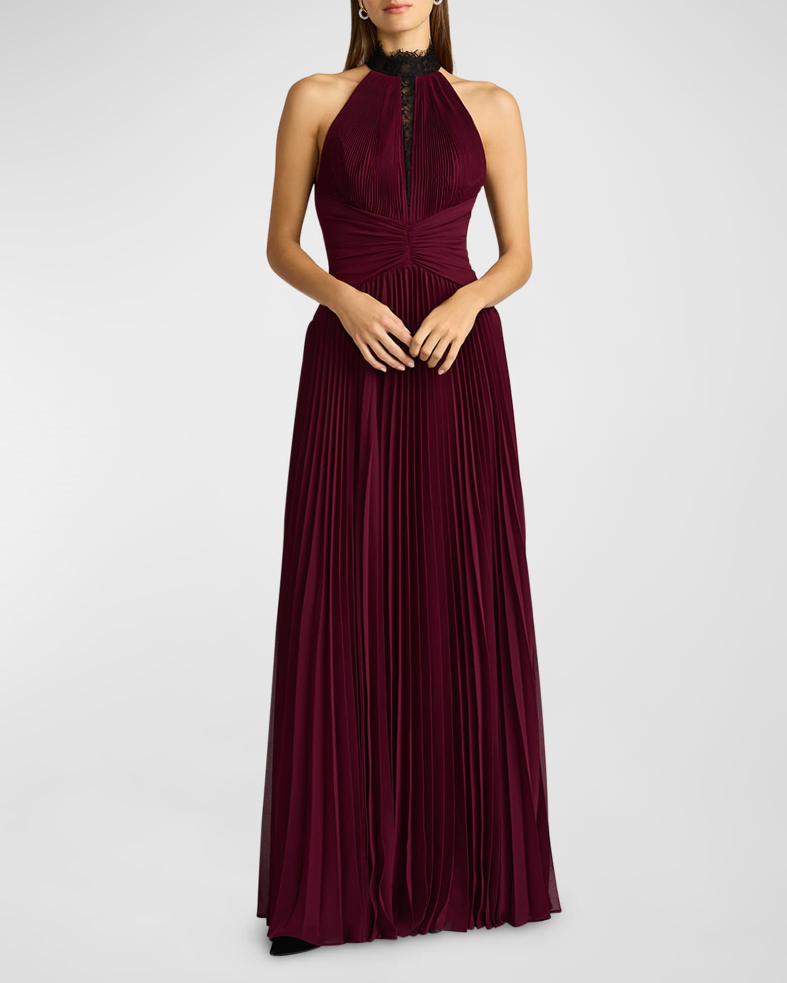 Zac Posen Pleated Lace Inset Halter Gown Mulberry