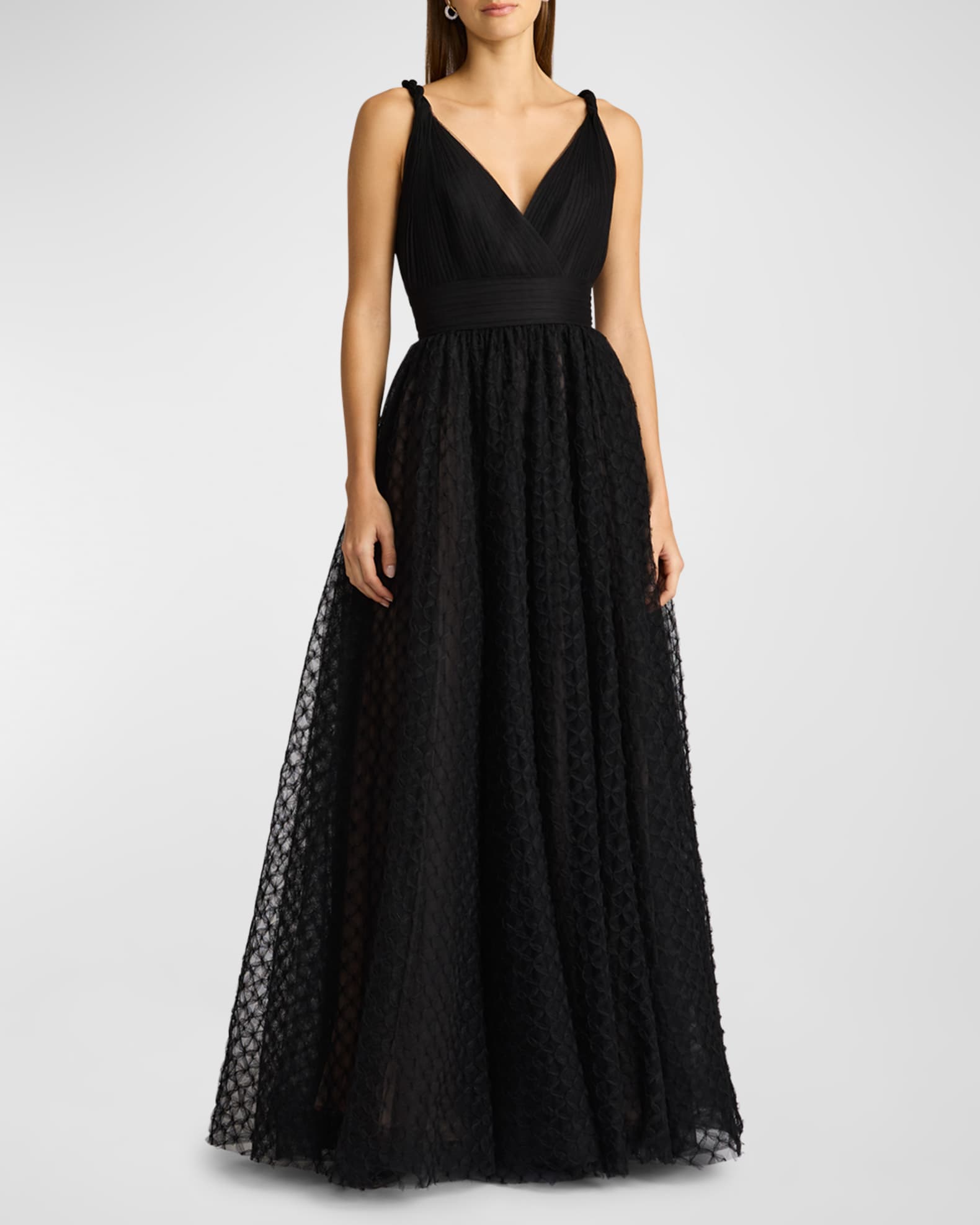 Zac Posen Sleeveless Pleated Tulle Applique Gown Black