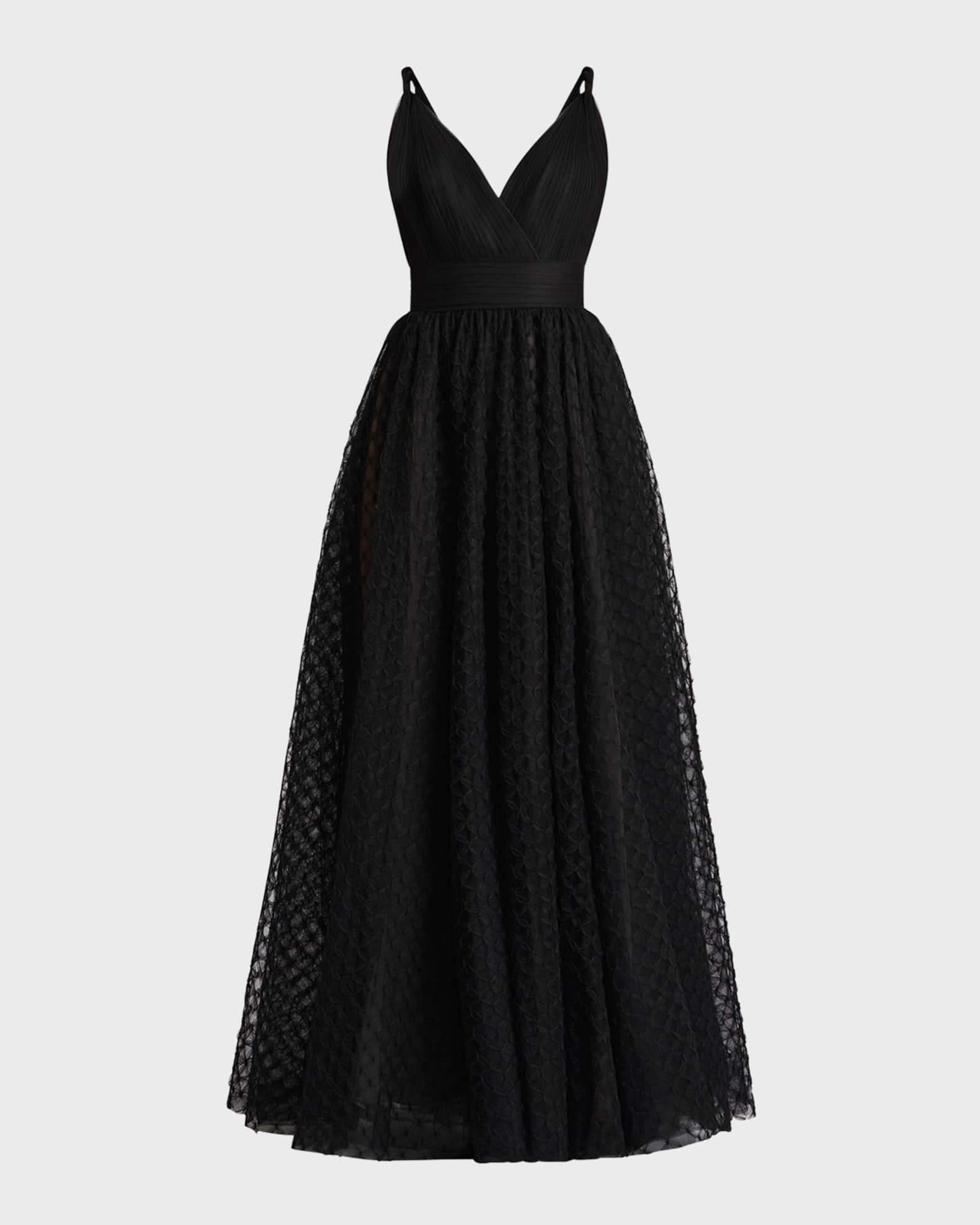 Zac Posen Sleeveless Pleated Tulle Applique Gown Black