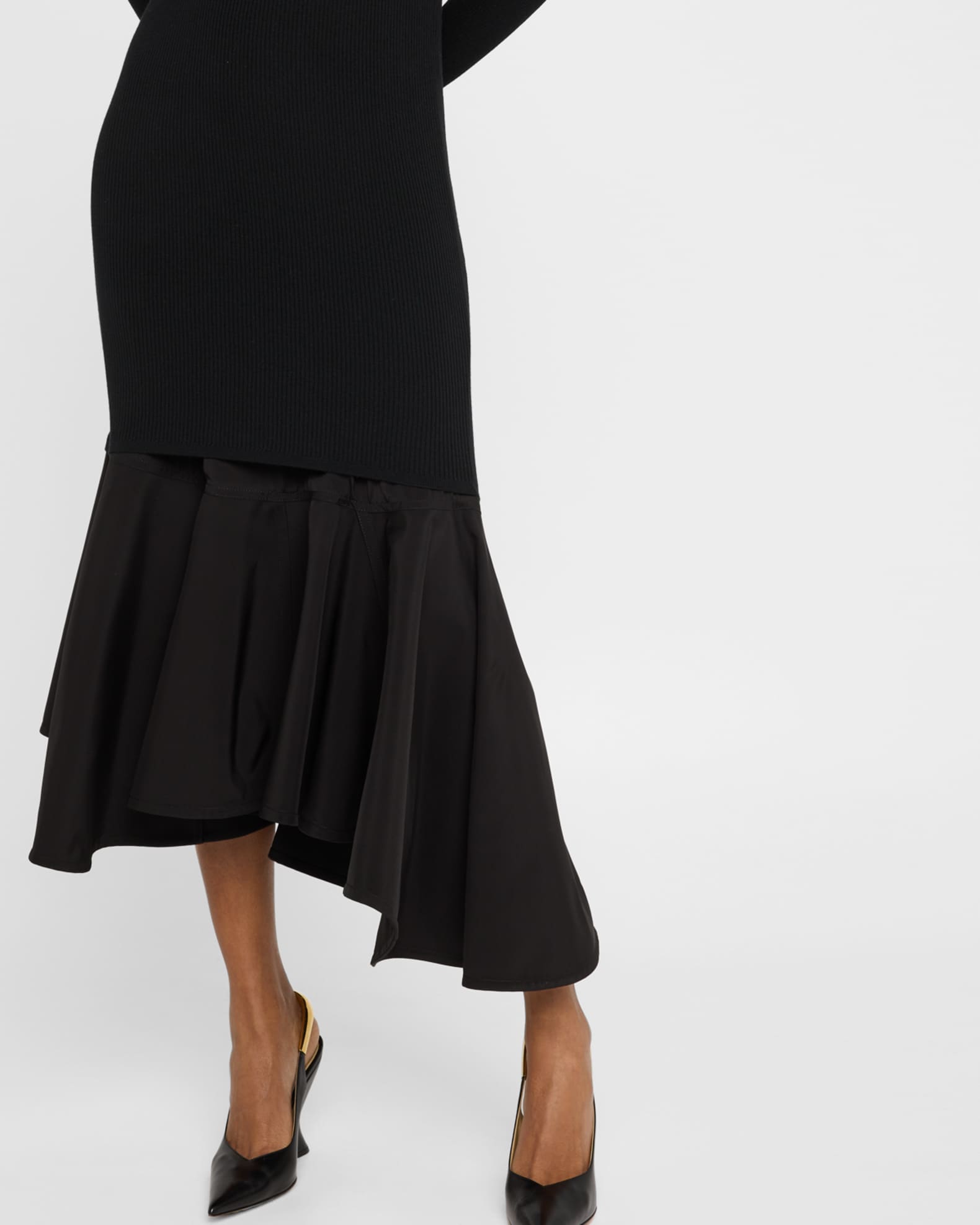 open lace back dress Norma Kamali LS Shoulder Pad Turtle Flared Dress to Midcalf