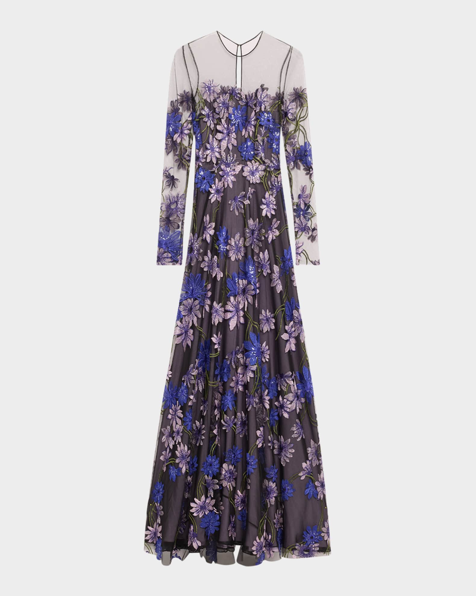 Naeem Khan Floral Embroidered Long Sleeve Illusion Gown Neiman Marcus
