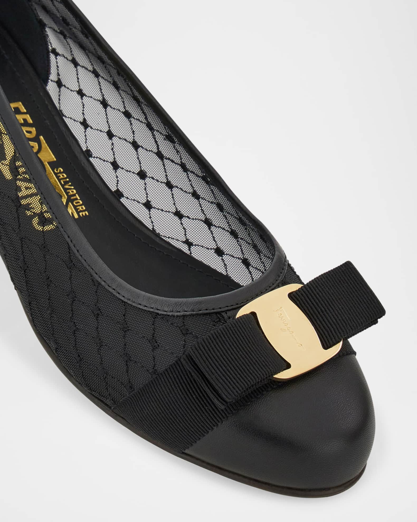 【FERRAGAMO】Black Mesh Varina Ballet Flats Ferragamo Varina Mesh Bow Ballerina Flats | Neiman Marcus