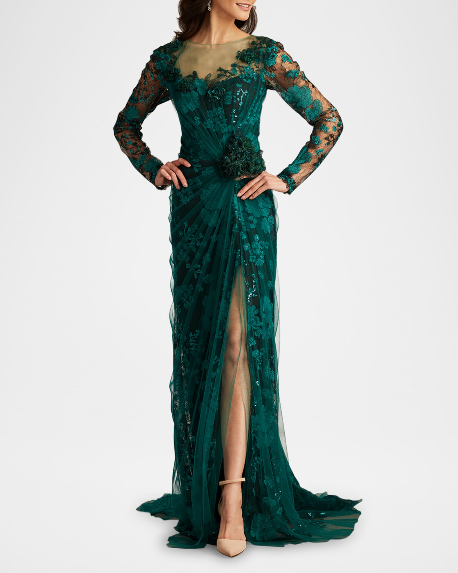 Floral-Embroidered Lace and Tulle Column Gown 1
