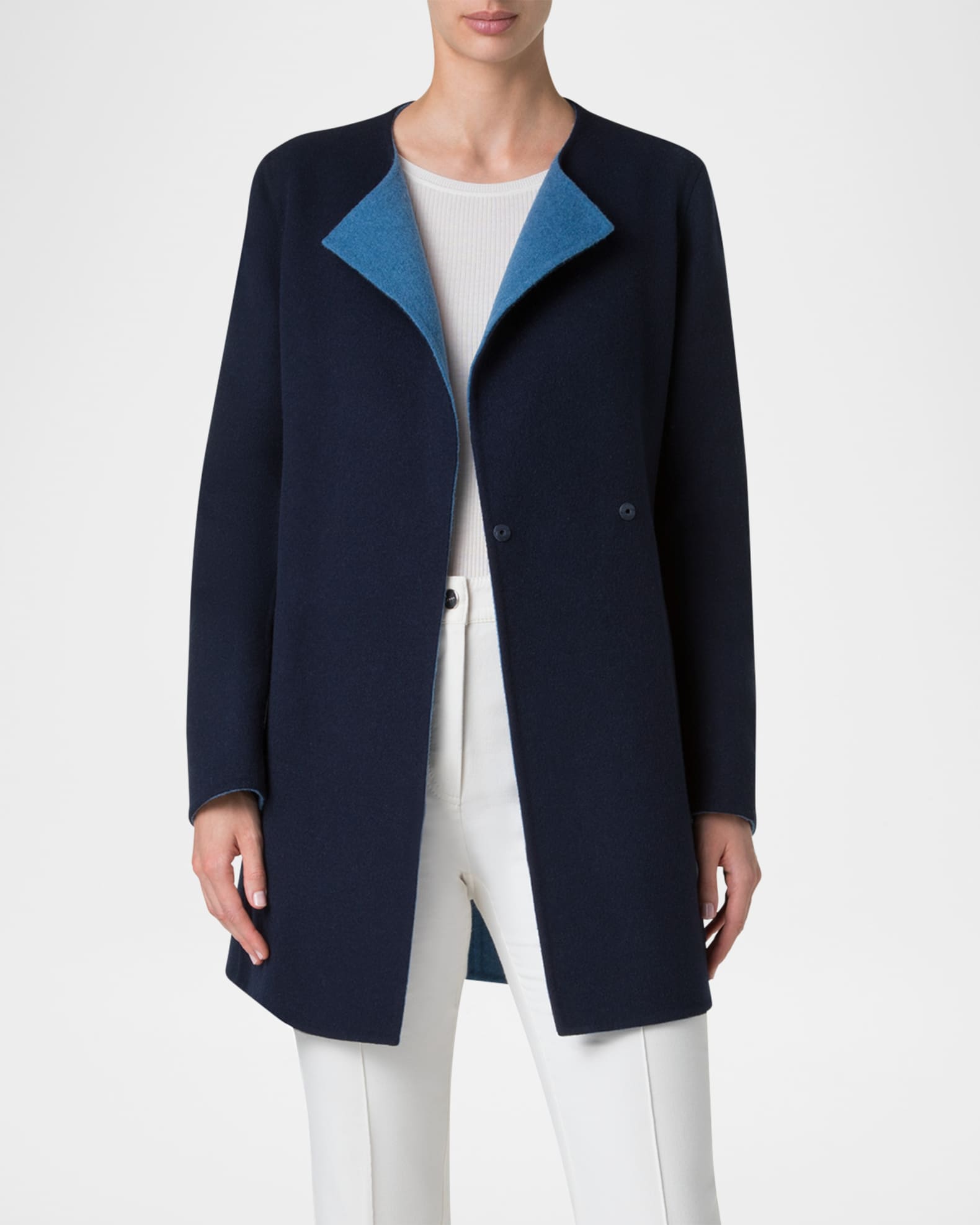 Akris Reversible Double Breasted Wool Coat Navy Light Denim Women s 12 Coats Jackets Outerwear Wool Coats