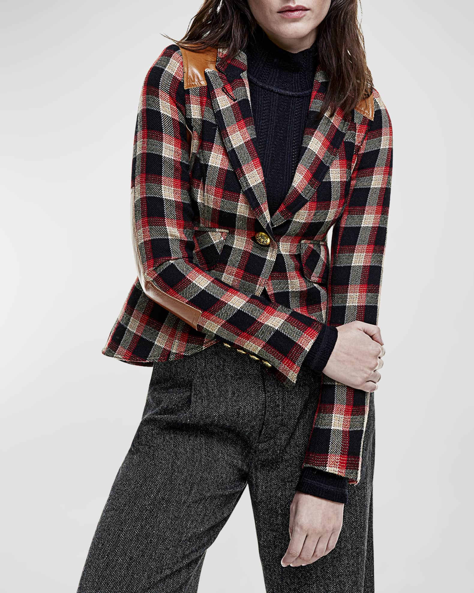 Plaid Check Single-Breasted Wool Blazer  0