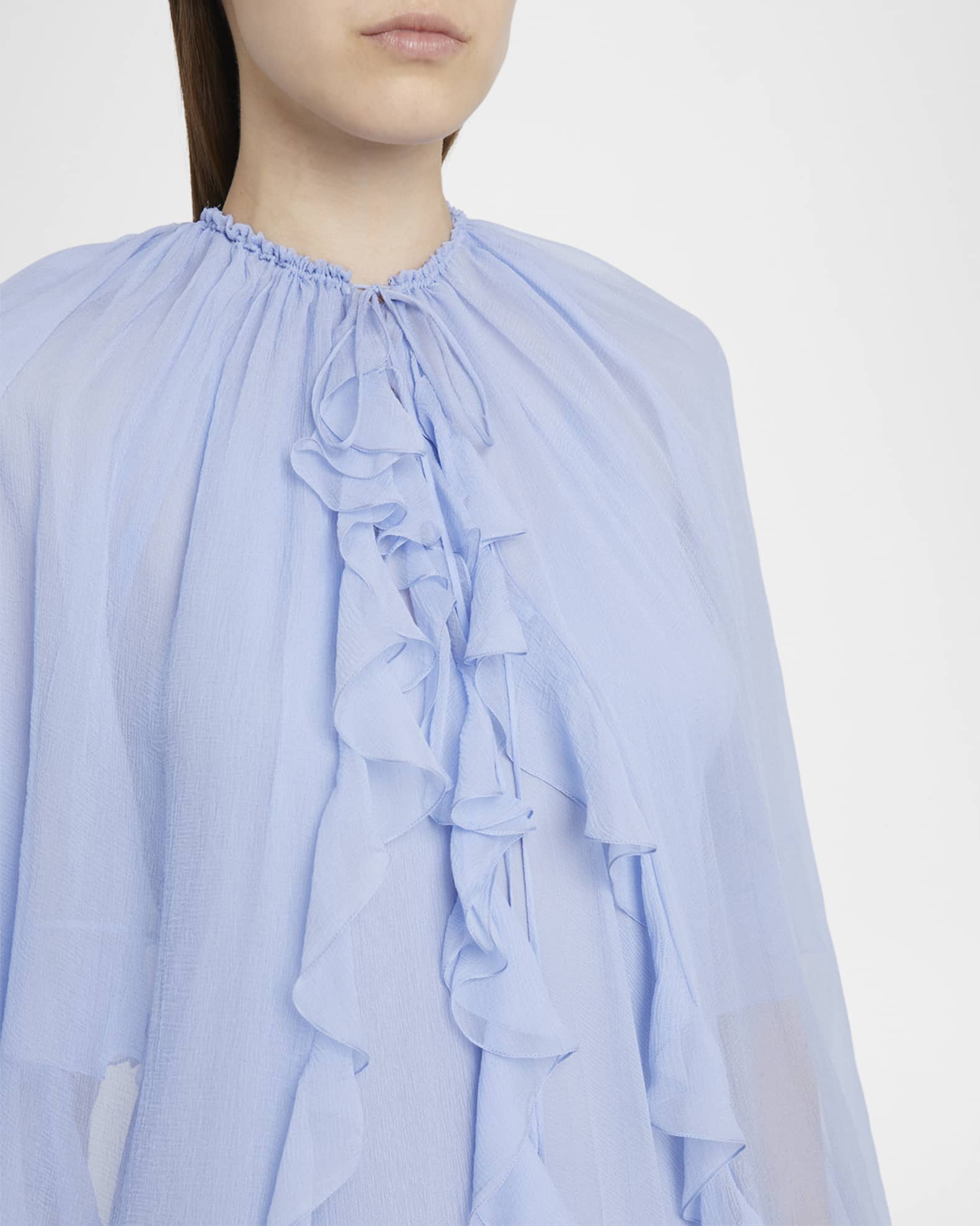 Chloe Long Ruffle-Trim Silk Mousseline Dress | Neiman Marcus