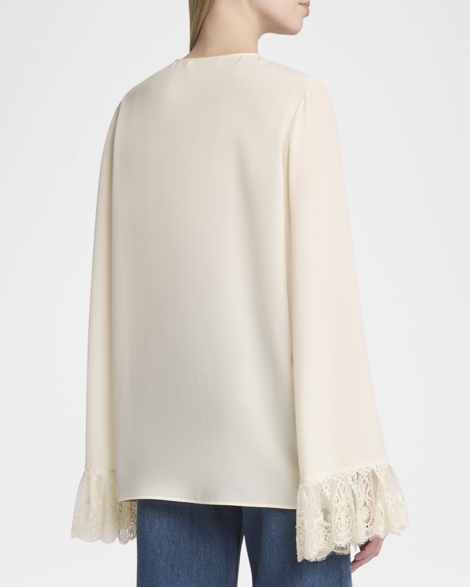 Short-Sleeve Ruffle Top in Crêpe de Chine Beige