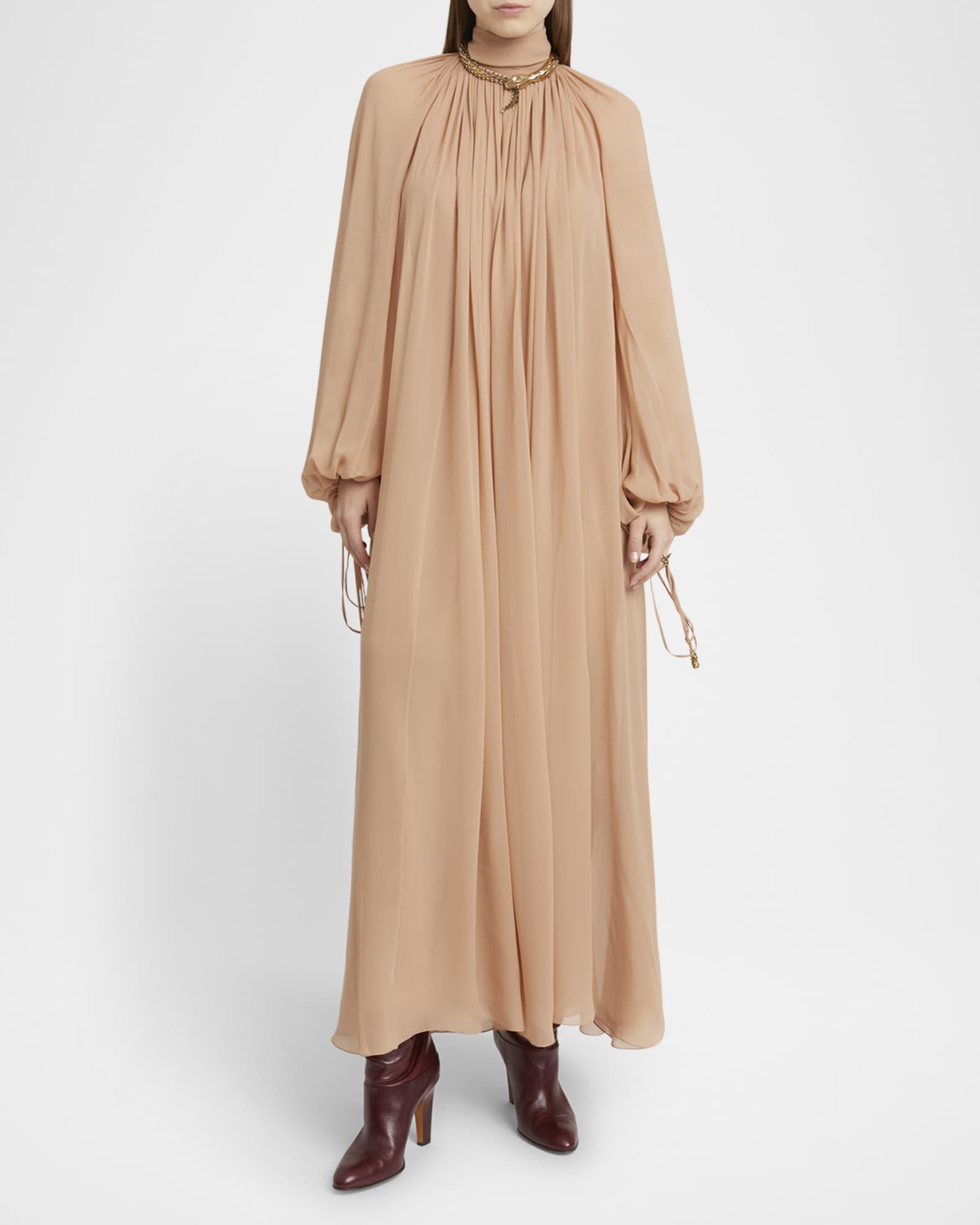 High-Neck Tie Long-Sleeve Silk Gown 1