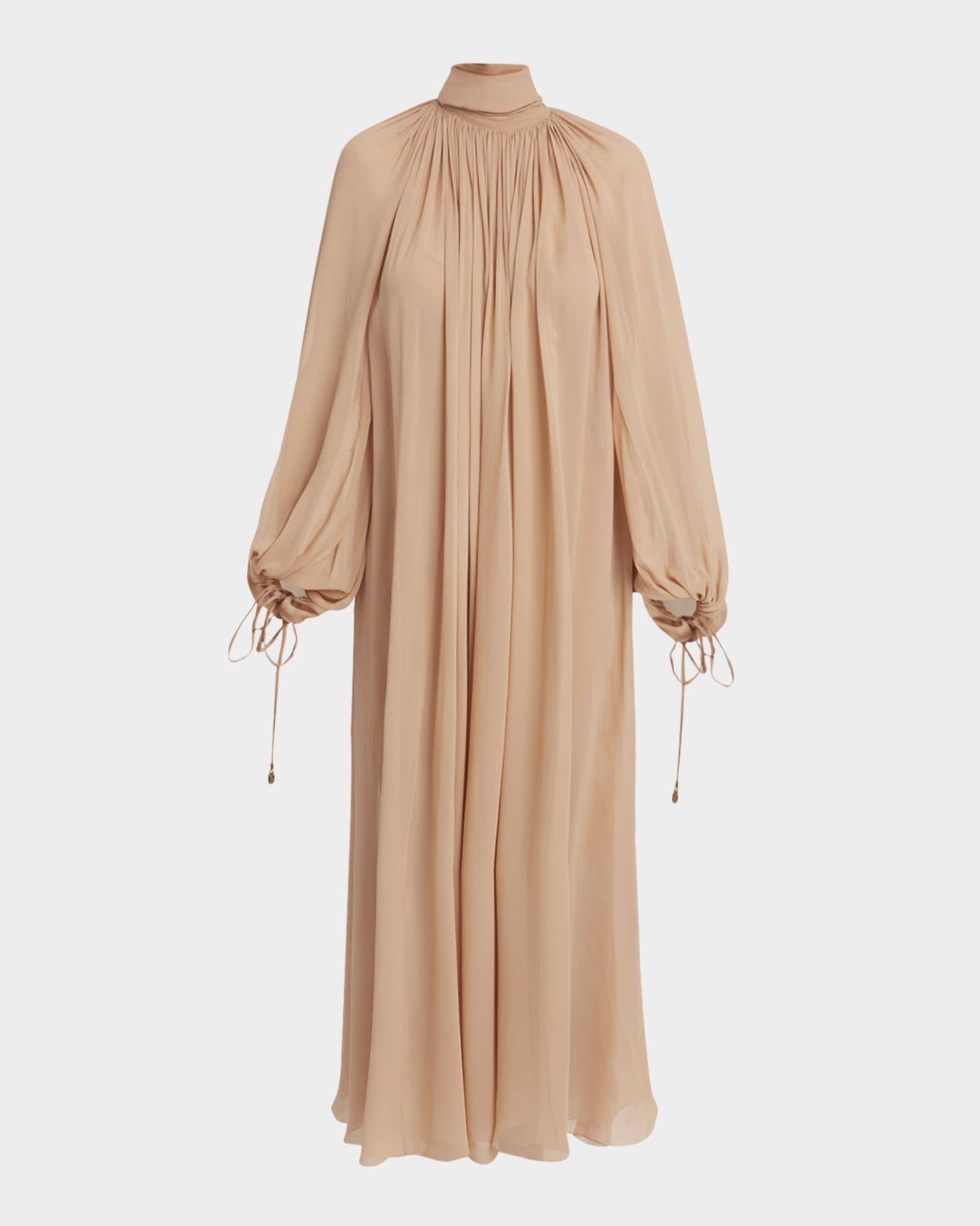 High-Neck Tie Long-Sleeve Silk Gown 0