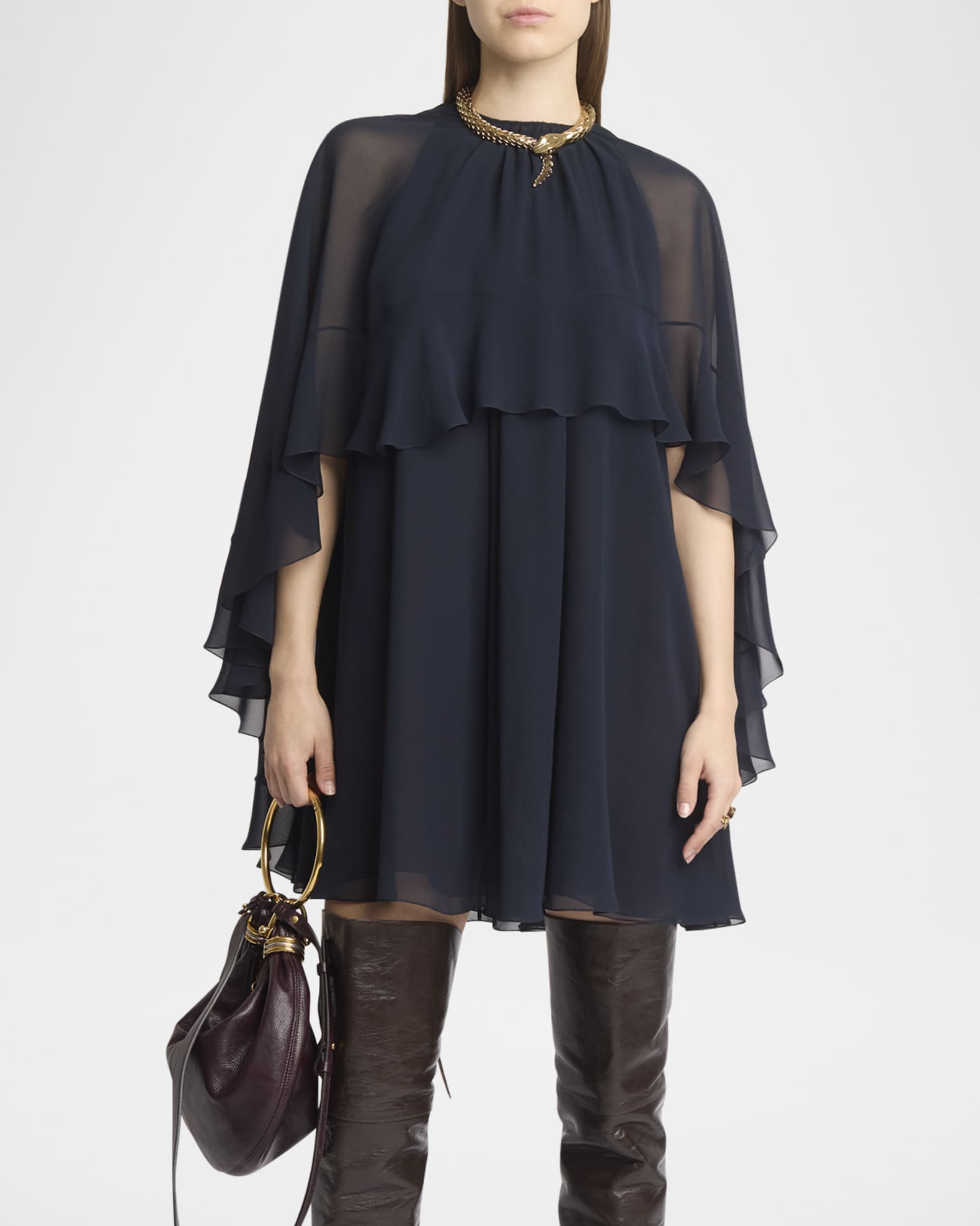 Chloe Ruffled Three-Quarter Sleeve Silk Georgette Mini Dress