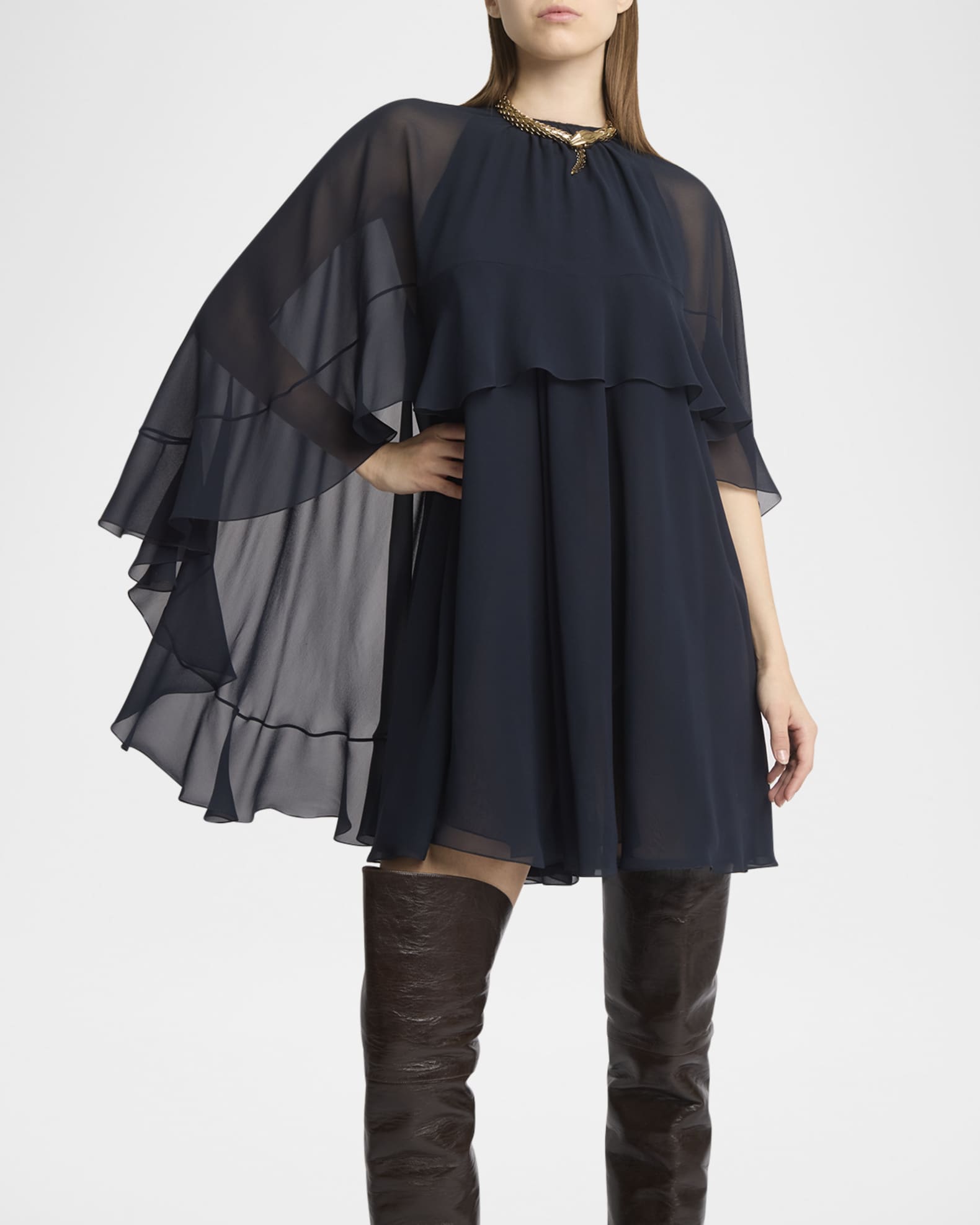 Chloe Ruffled Three Quarter Sleeve Silk Georgette Mini Dress Graphite Blue Women s 10 Cocktail Party Wedding Guest Dresses Satin Silk Dresses