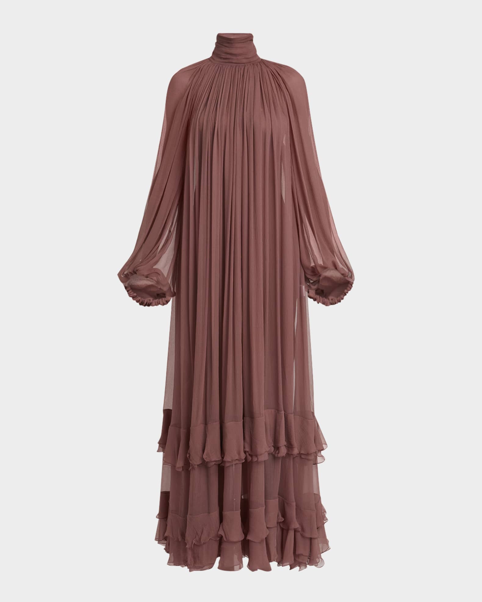 Chloe Maxi Ruffled Mock Neck Silk Dress Woodrose
