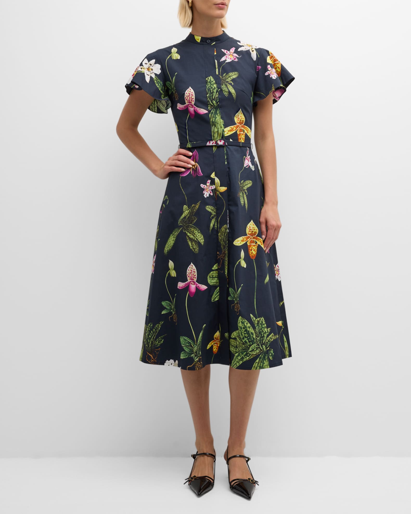 Oscar de La Renta Orchid Cotton Poplin Short Sleeve Dress