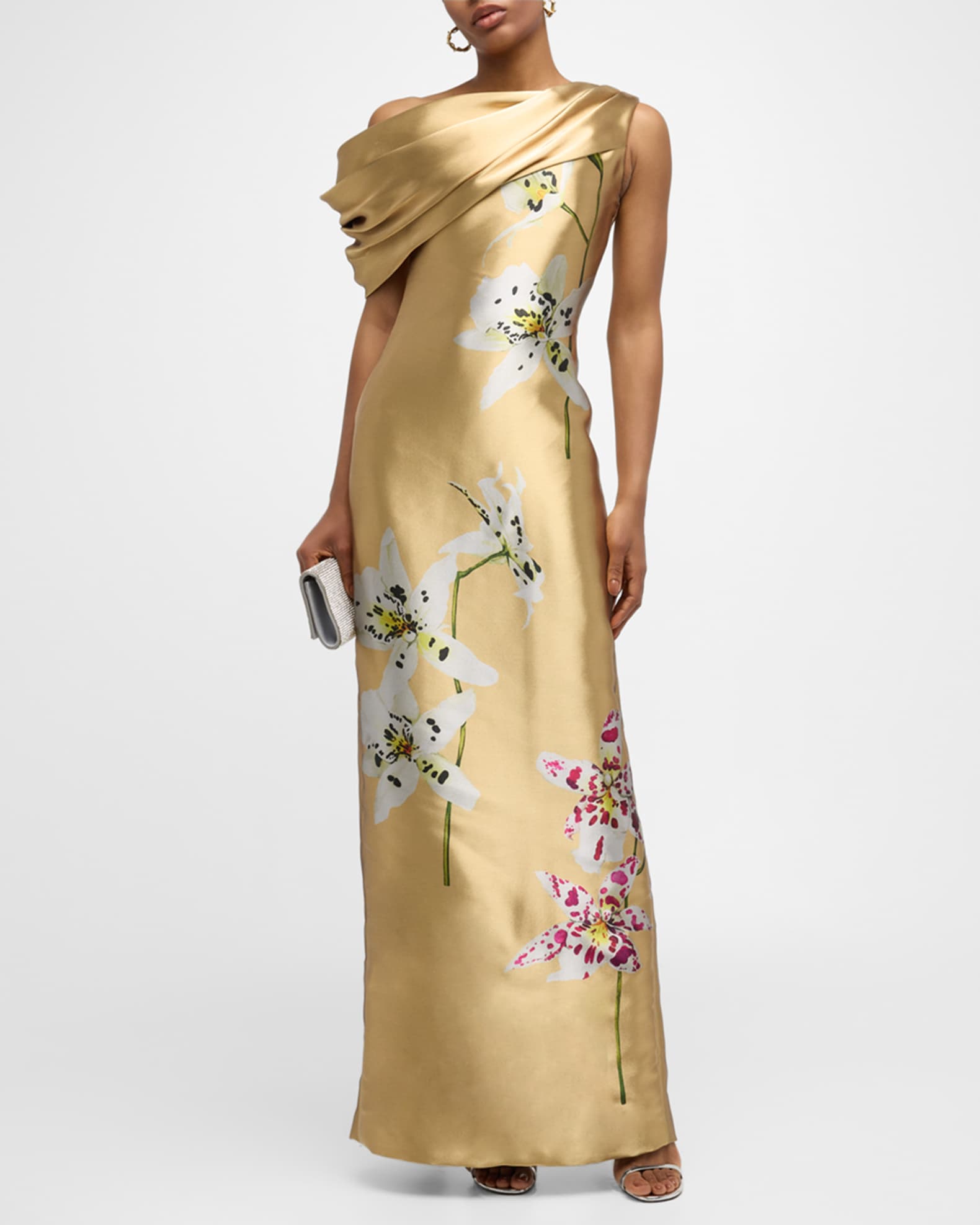 Draped One Shoulder Metal Orchid Gown