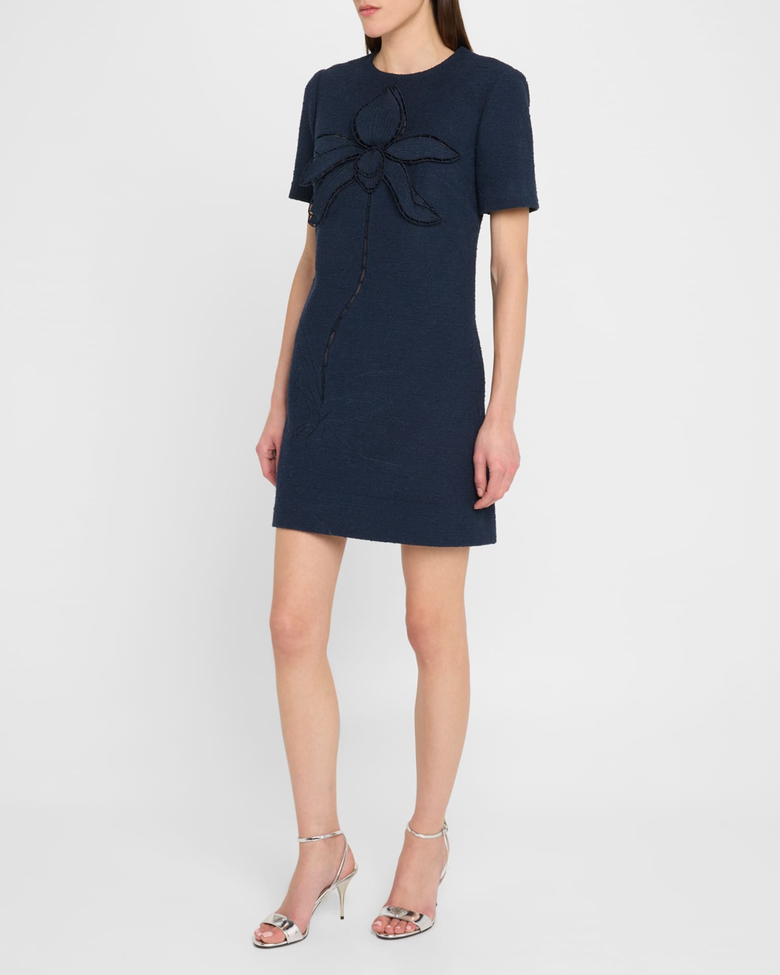 Floral Embroidered Short Cotton Tweed Shift Dress 1