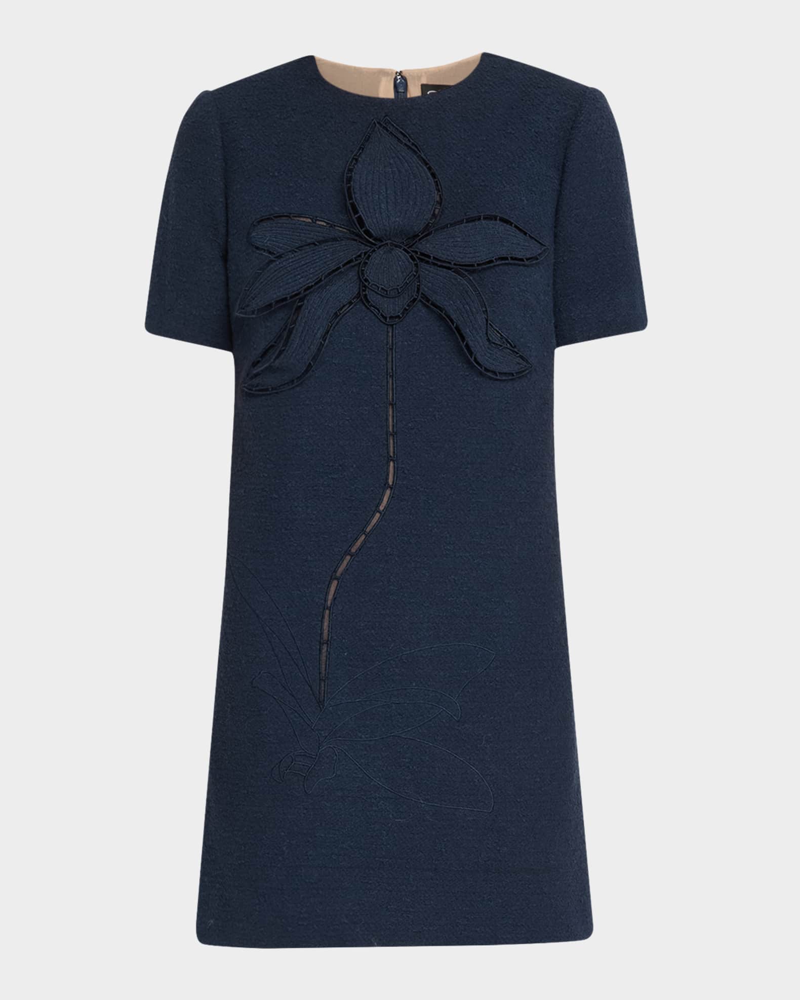 Floral Embroidered Short Cotton Tweed Shift Dress 0