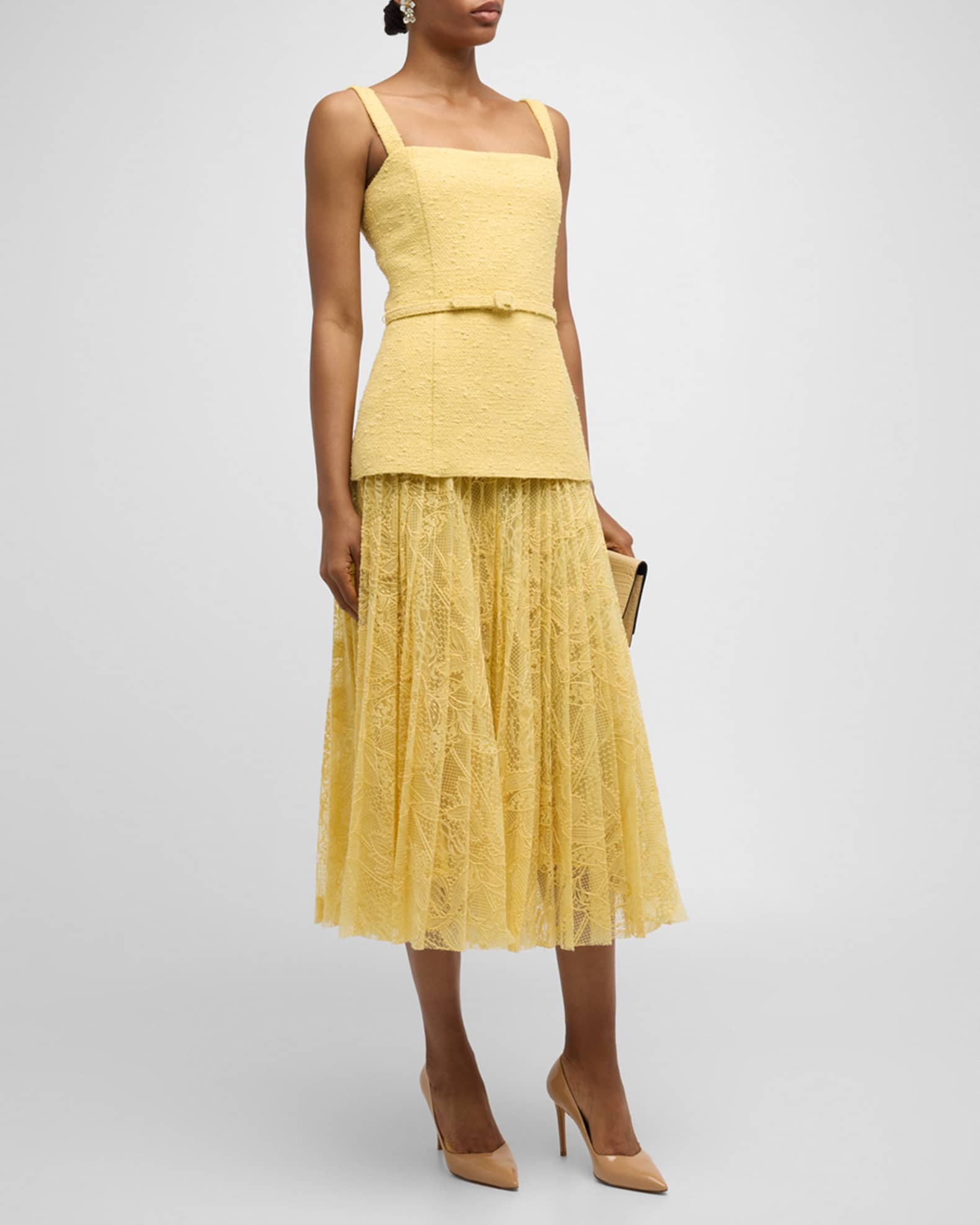 Square-Neck Tweed and Pleated Lace Midi Dress 1