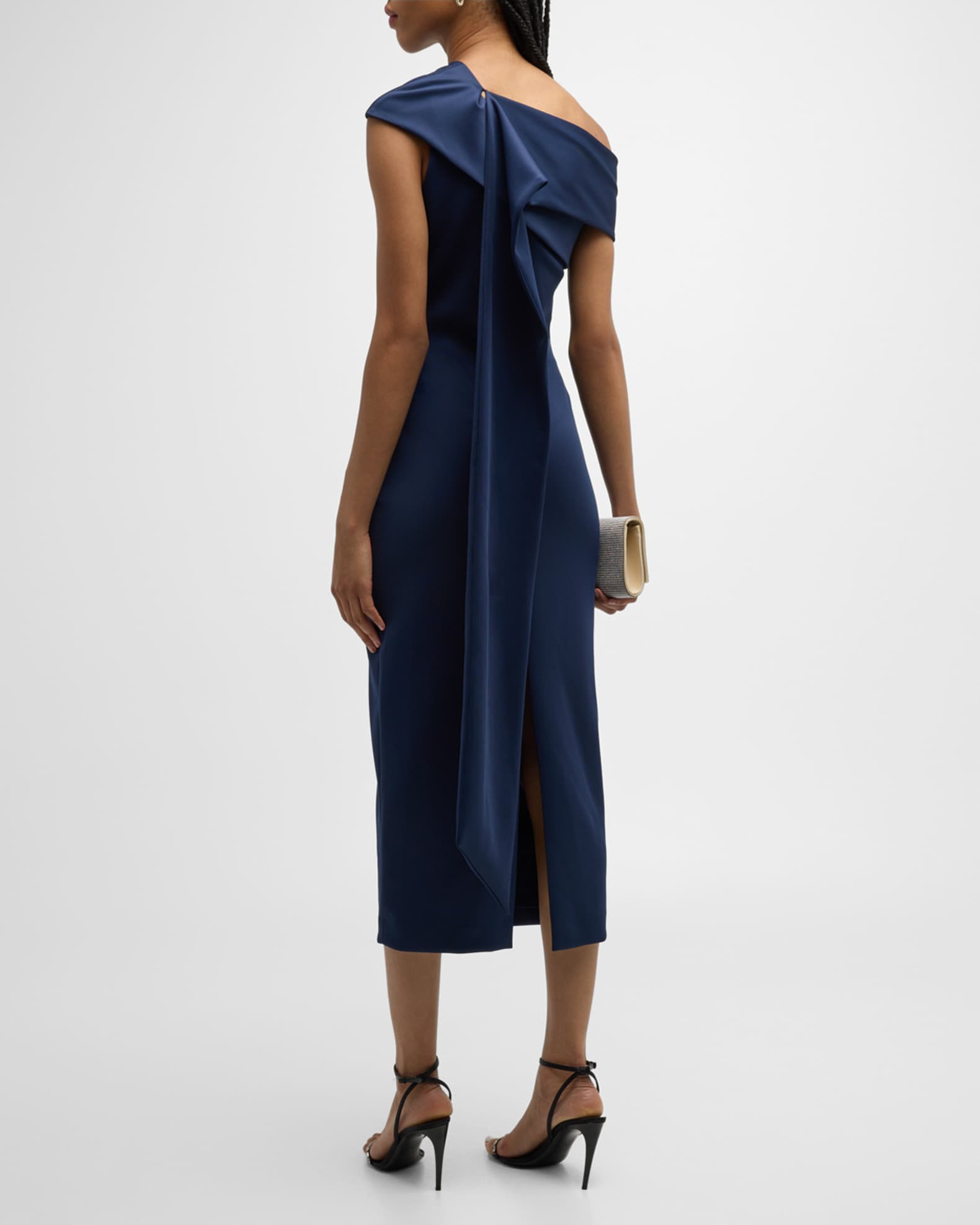 Black Halo Dolores Draped One-Shoulder Bodycon Midi Dress