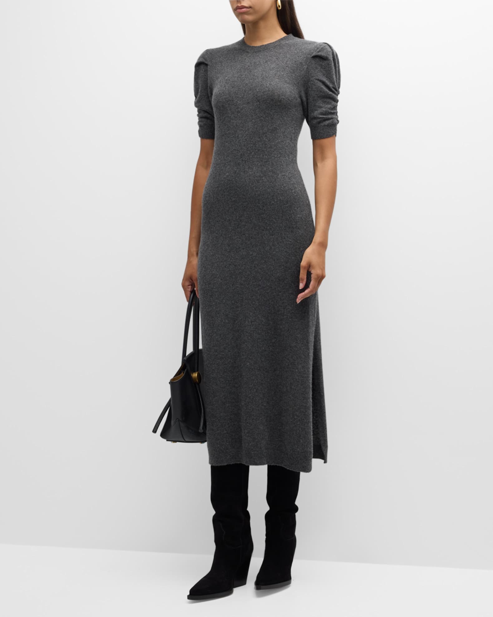 Frame Cashmere Wool Ruched Sleeve Dress Dark Gris