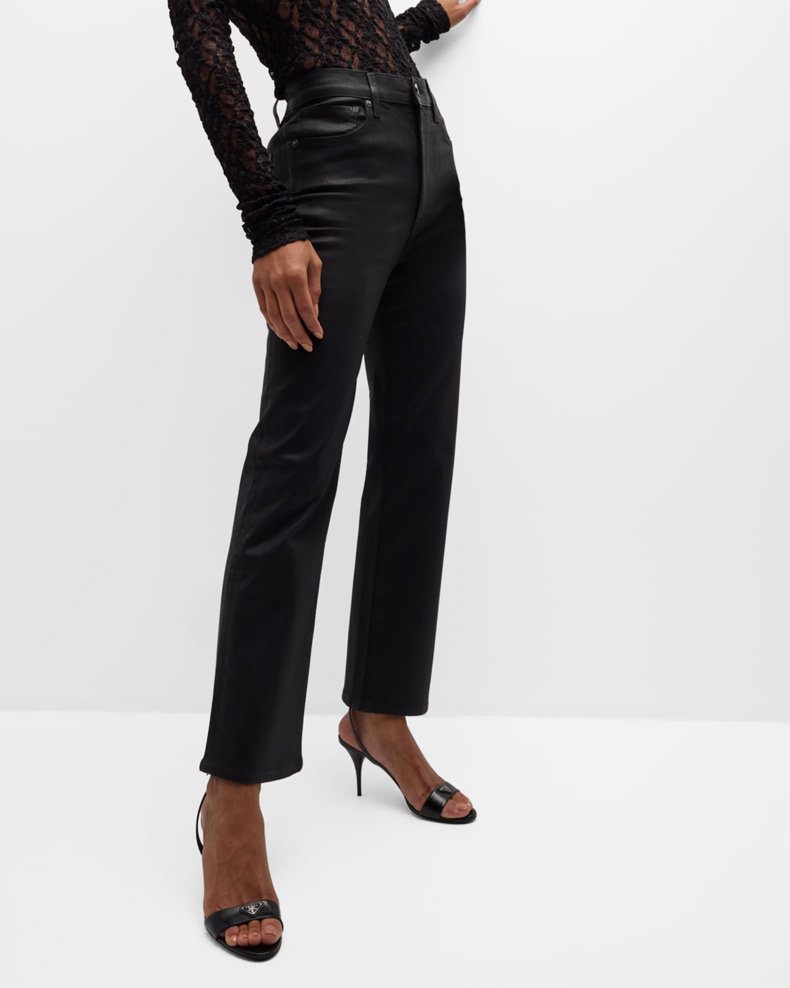 パンツ FRAME Women Straight Pants LPP711FILM Black Le Sleek Straight Coated Jeans | Neiman Marcus
