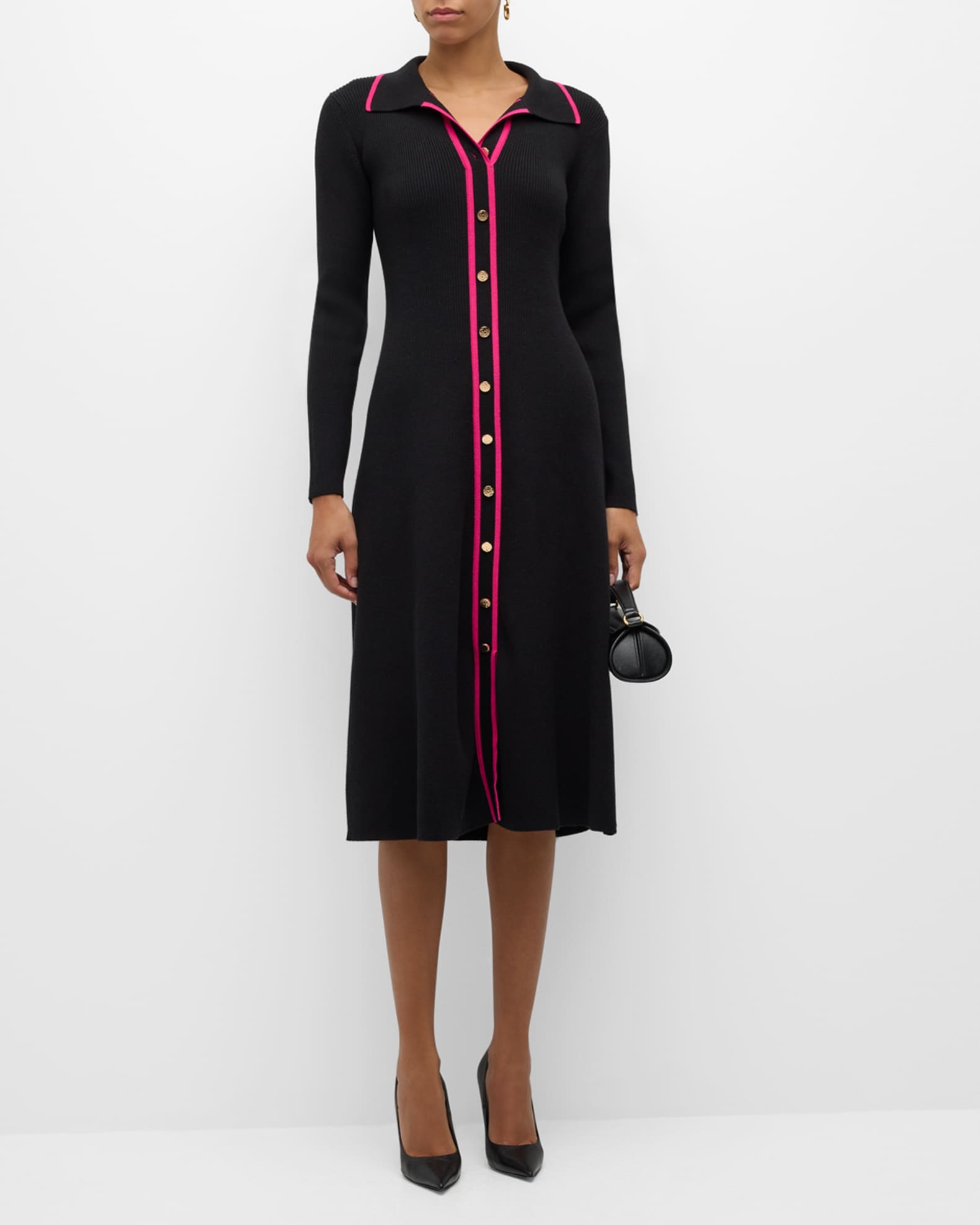 Decorative Button Contrast Trim Midi Dress