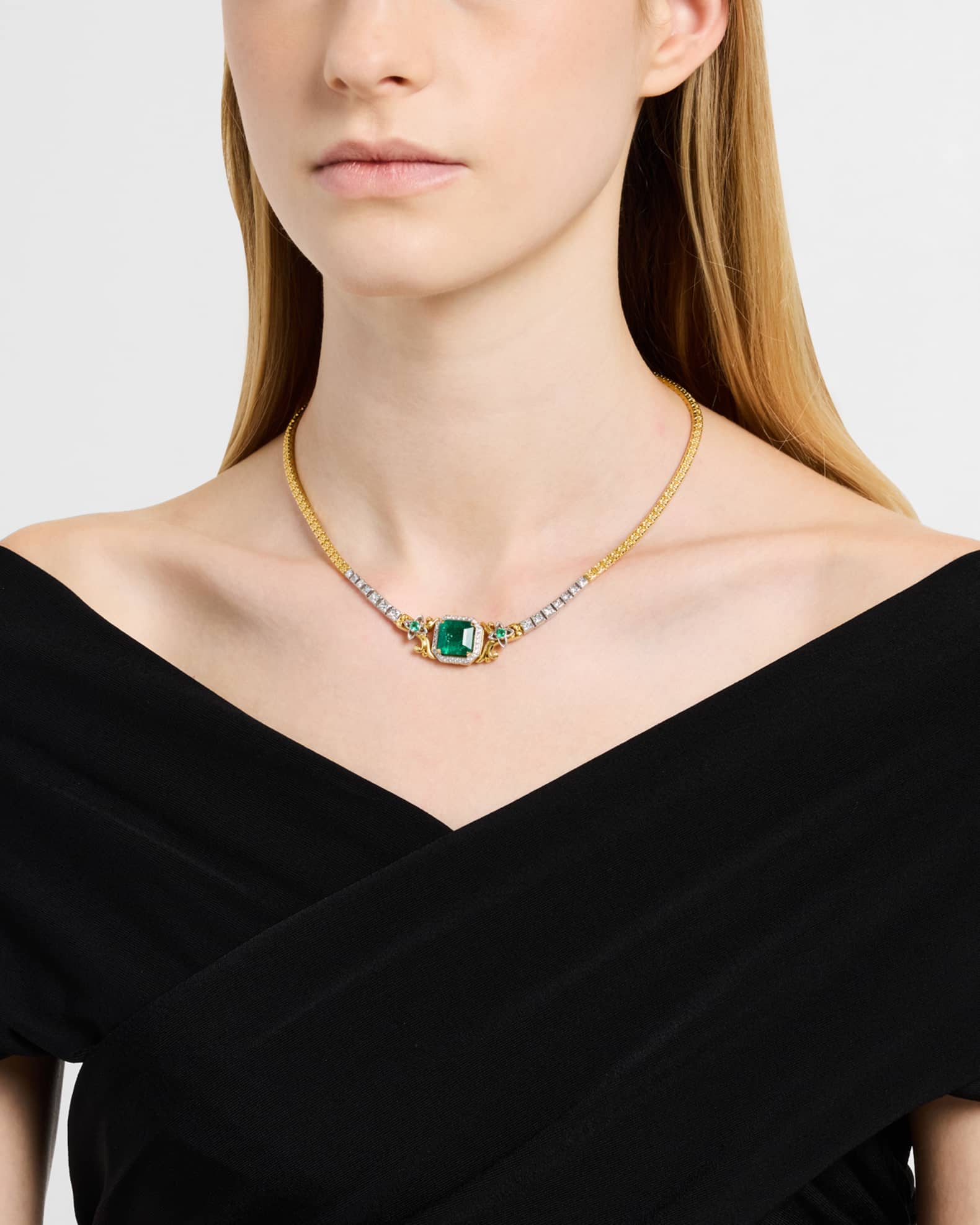 18K Yellow Gold Diamond, Emerald and Tsavorite Statement Necklace 1