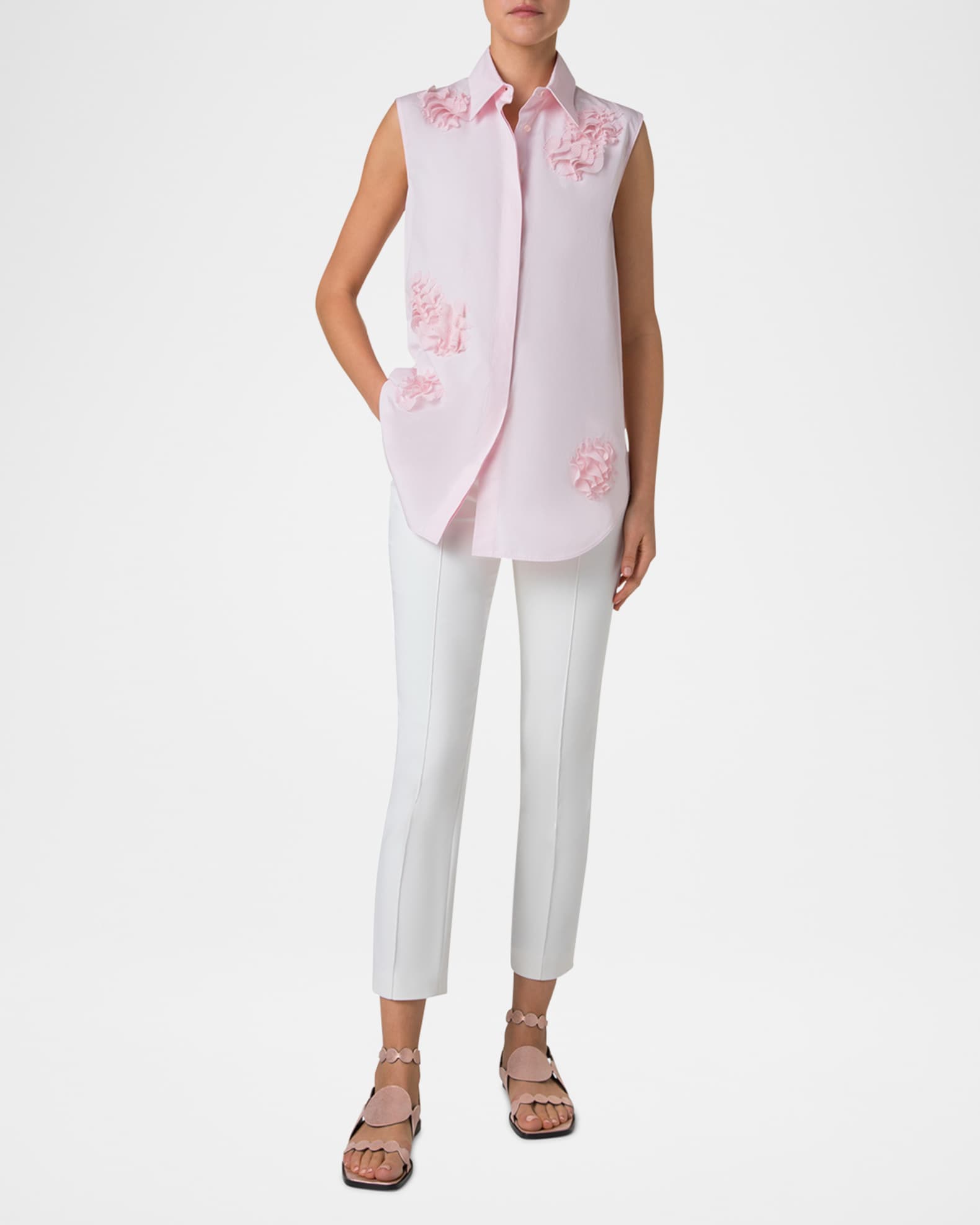 3D Carnation Applique Sleeveless Button-Down Blouse 1