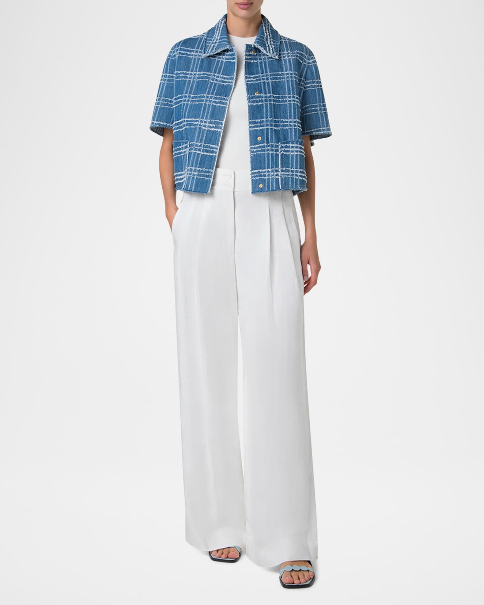 Fringed Check Denim Short-Sleeve Shirt Jacket 1
