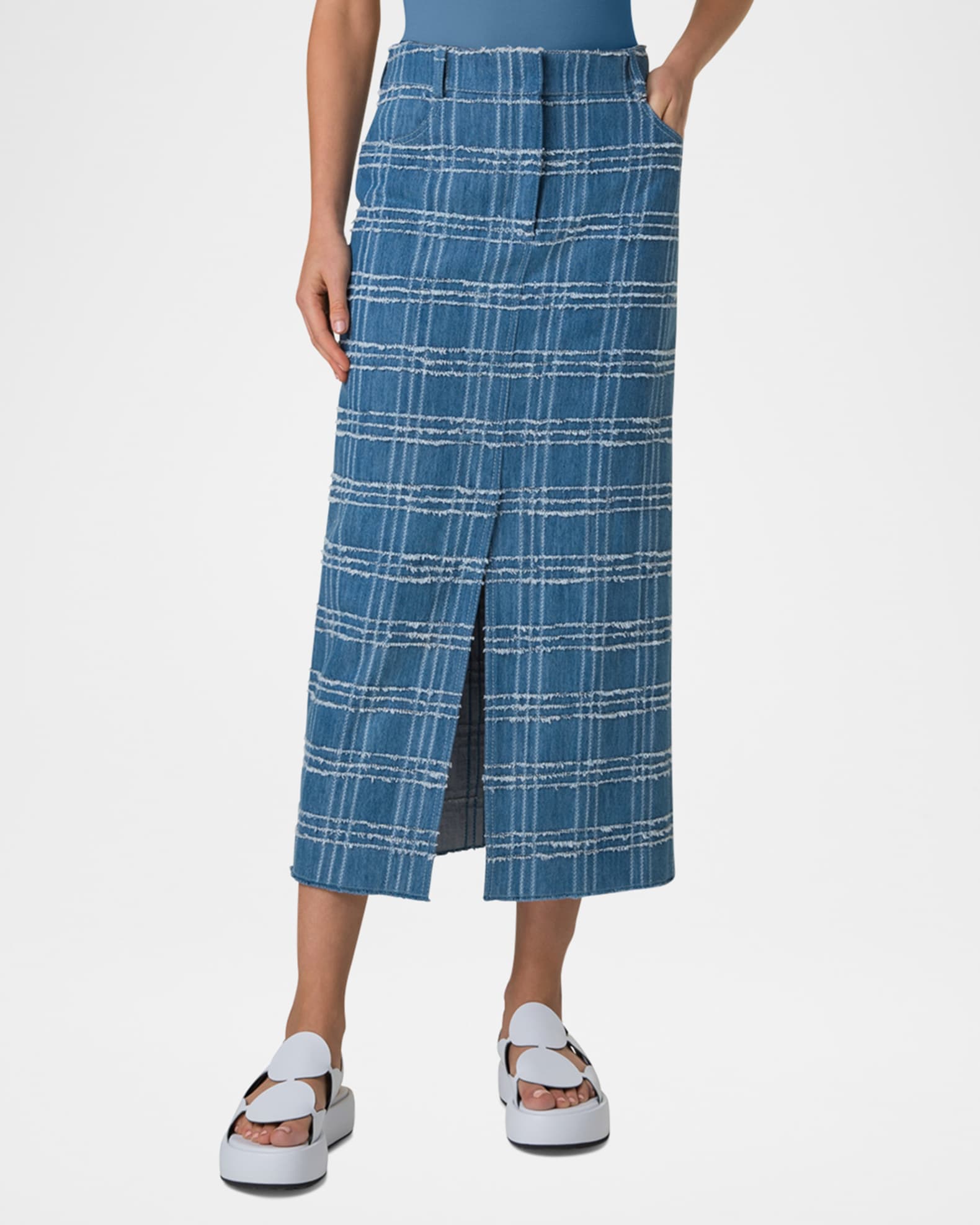 Fringed Check Denim Midi Skirt 1