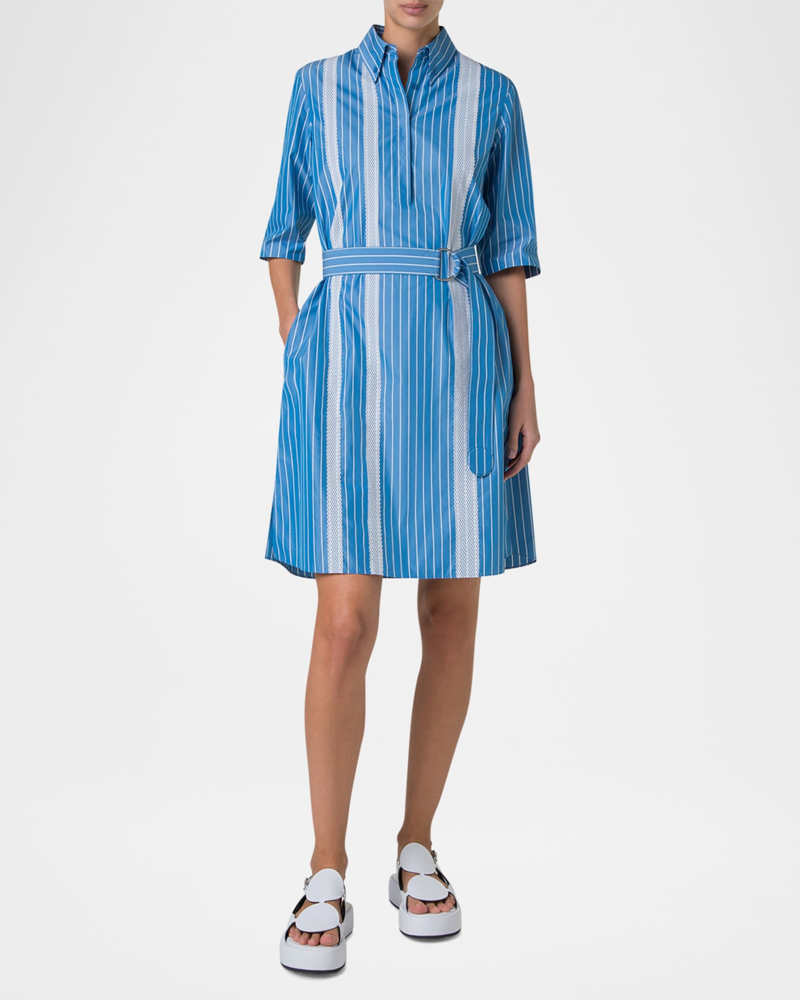 Striped Cotton Poplin Belted Short-Sleeve Shirtdress 1