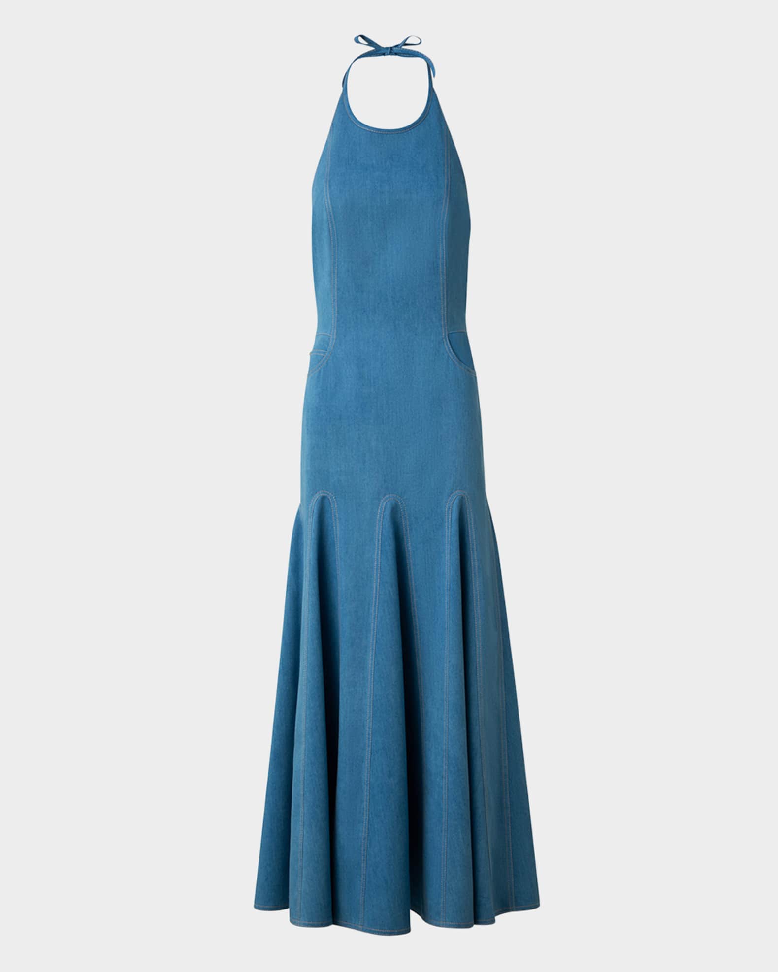 Mixed-Media Halter Pleated Midi Dress 0