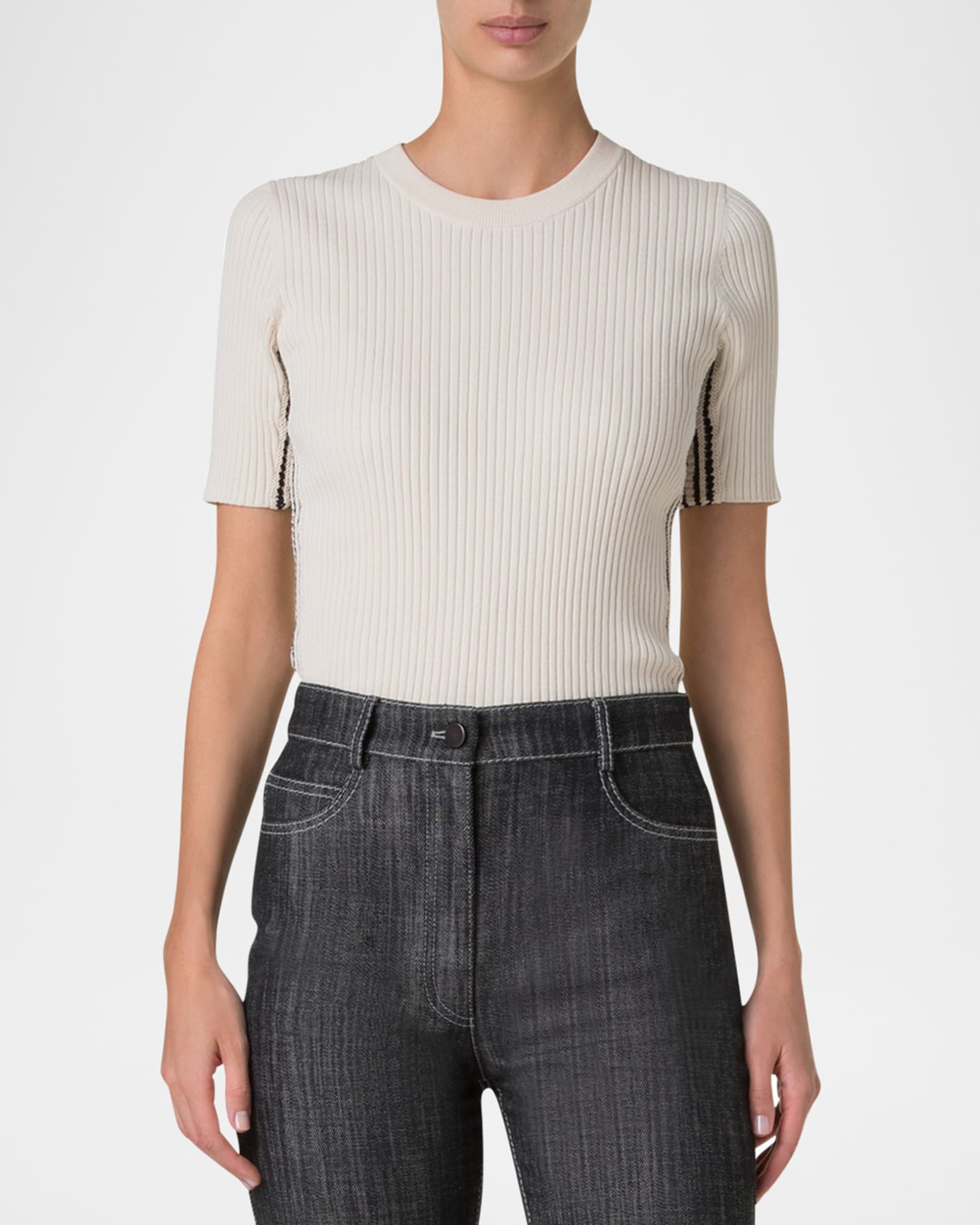 Akris punto Crochet Stripe Rib Knit Short Sleeve Sweater