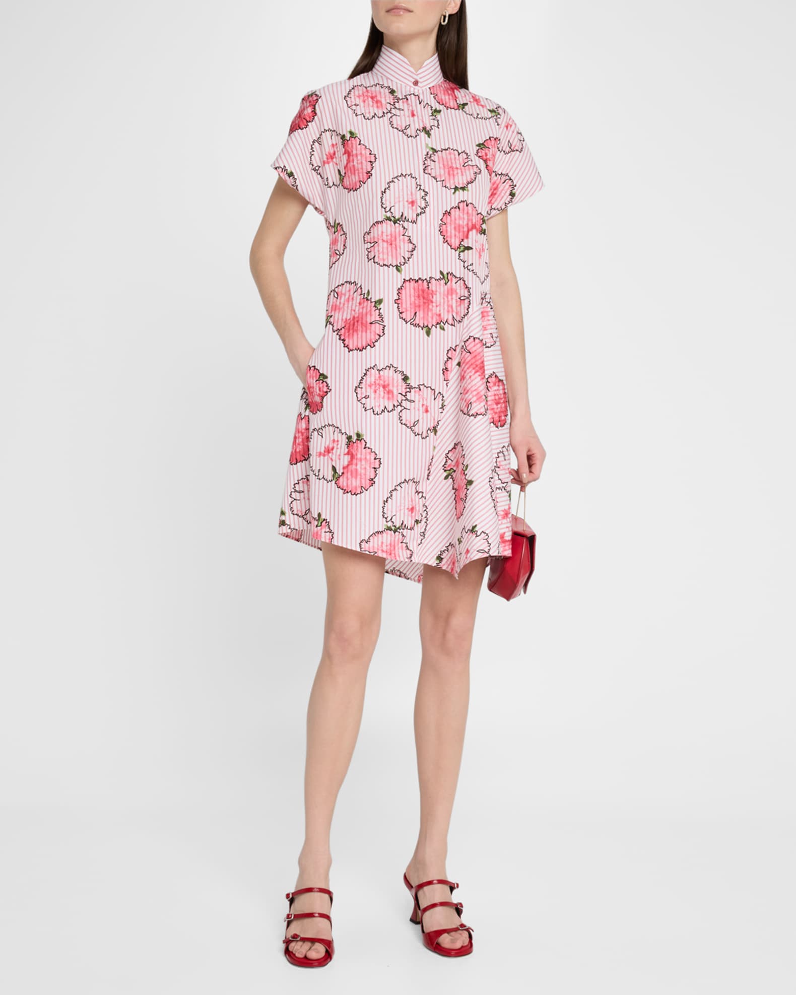Striped Carnation-Print Cotton Mini Shirtdress 1