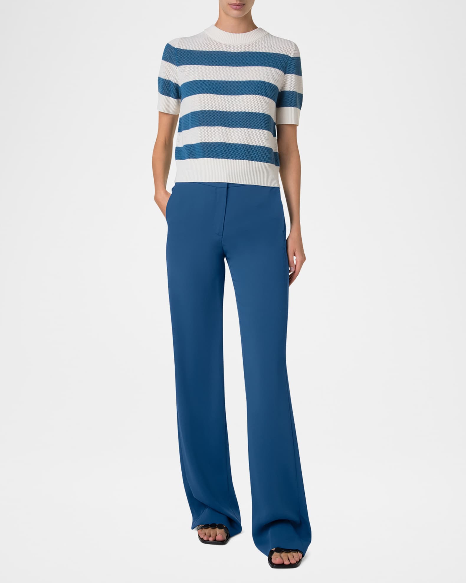 Striped Cool Wool Mesh Knit Short-Sleeve Sweater 1