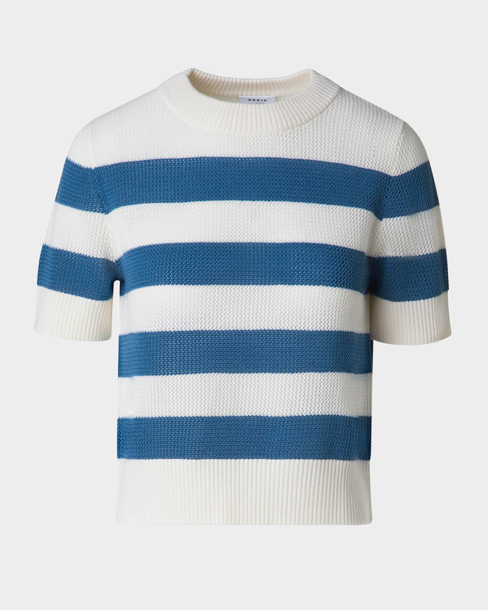Striped Cool Wool Mesh Knit Short-Sleeve Sweater 0