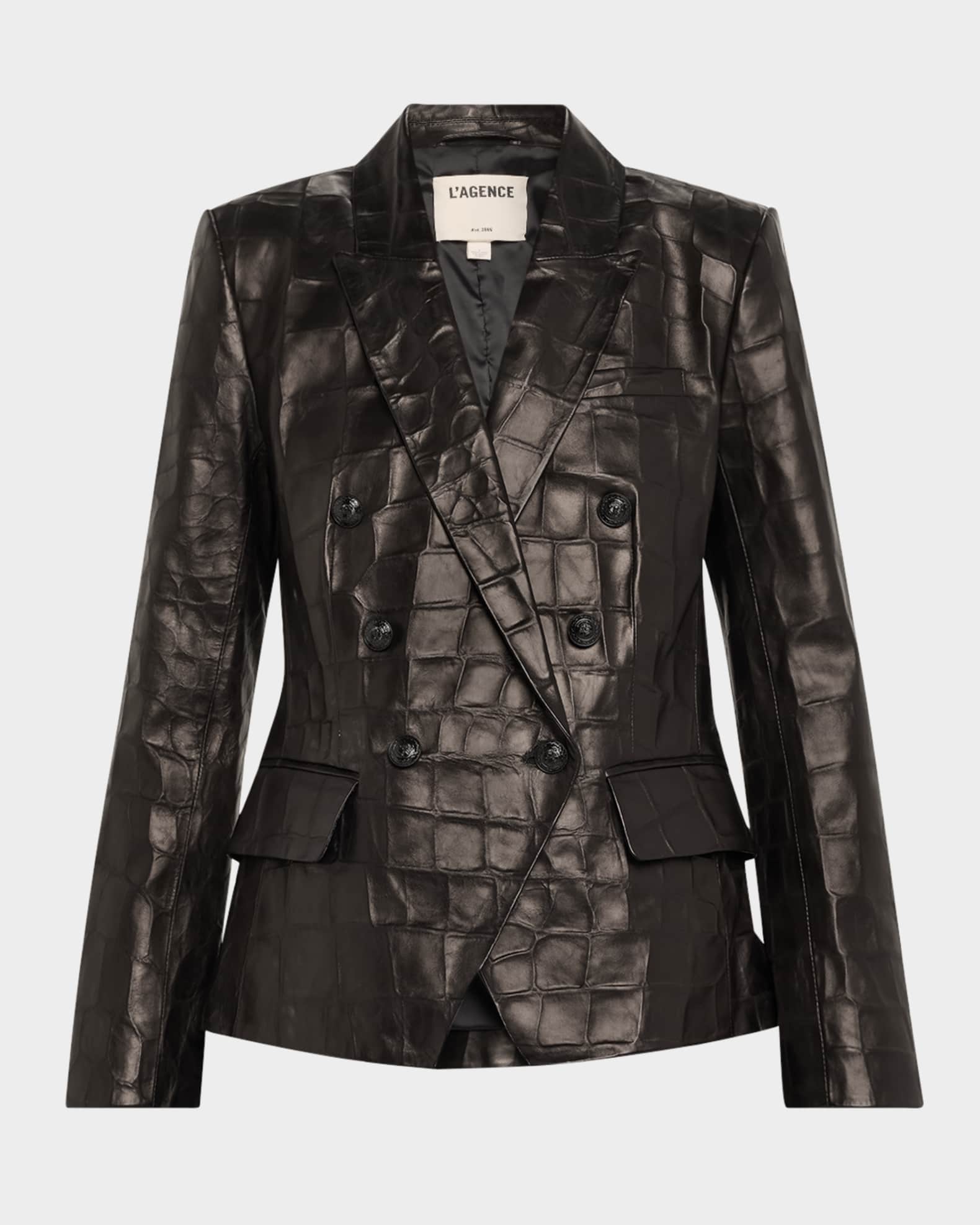 L'Agence Kenzie Croc-Embossed Faux Leather Double-Breasted
