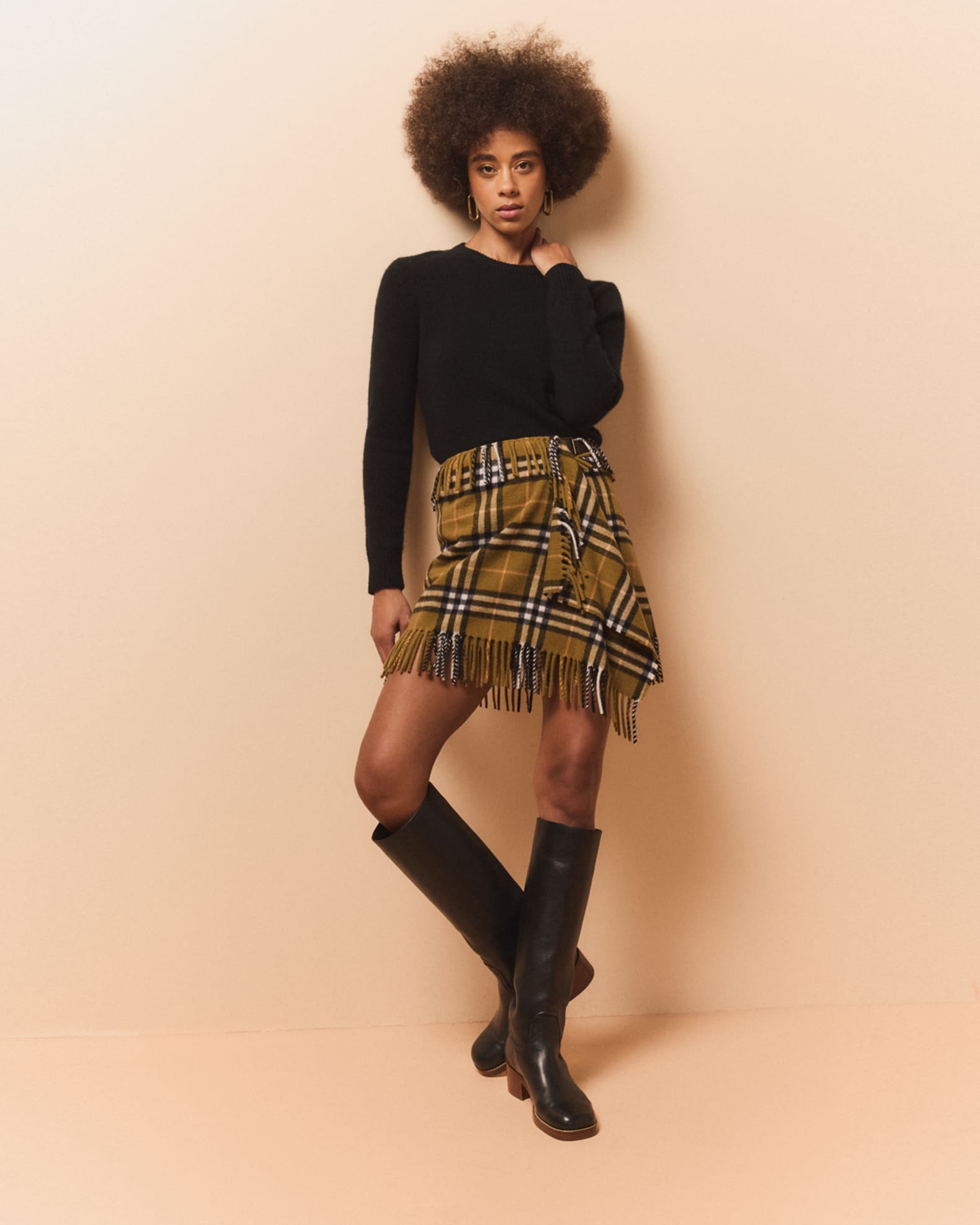 Check Wrap Mini Skirt With Fringe 1