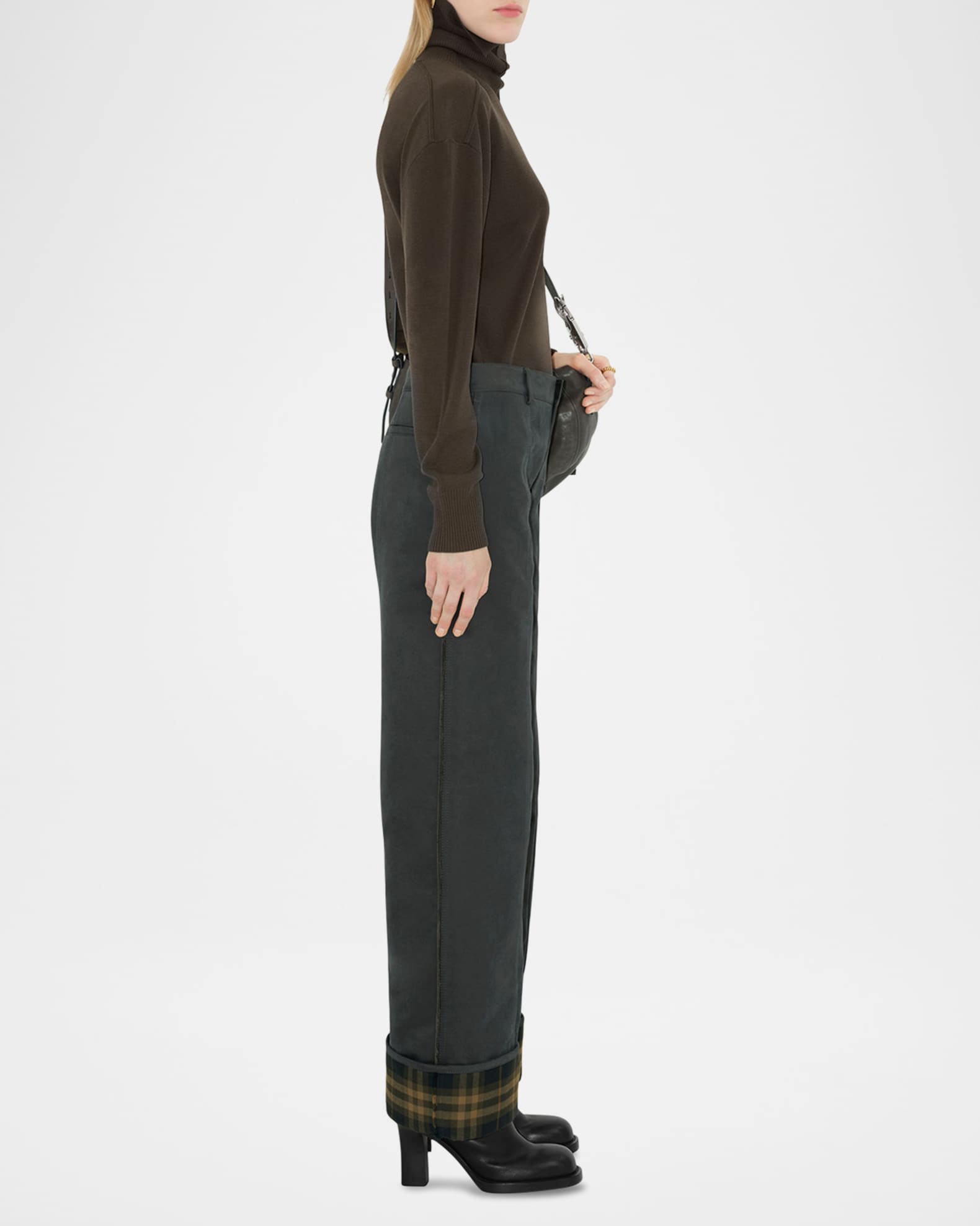Burberry Check Cuff Wide-Leg Trousers | Neiman Marcus