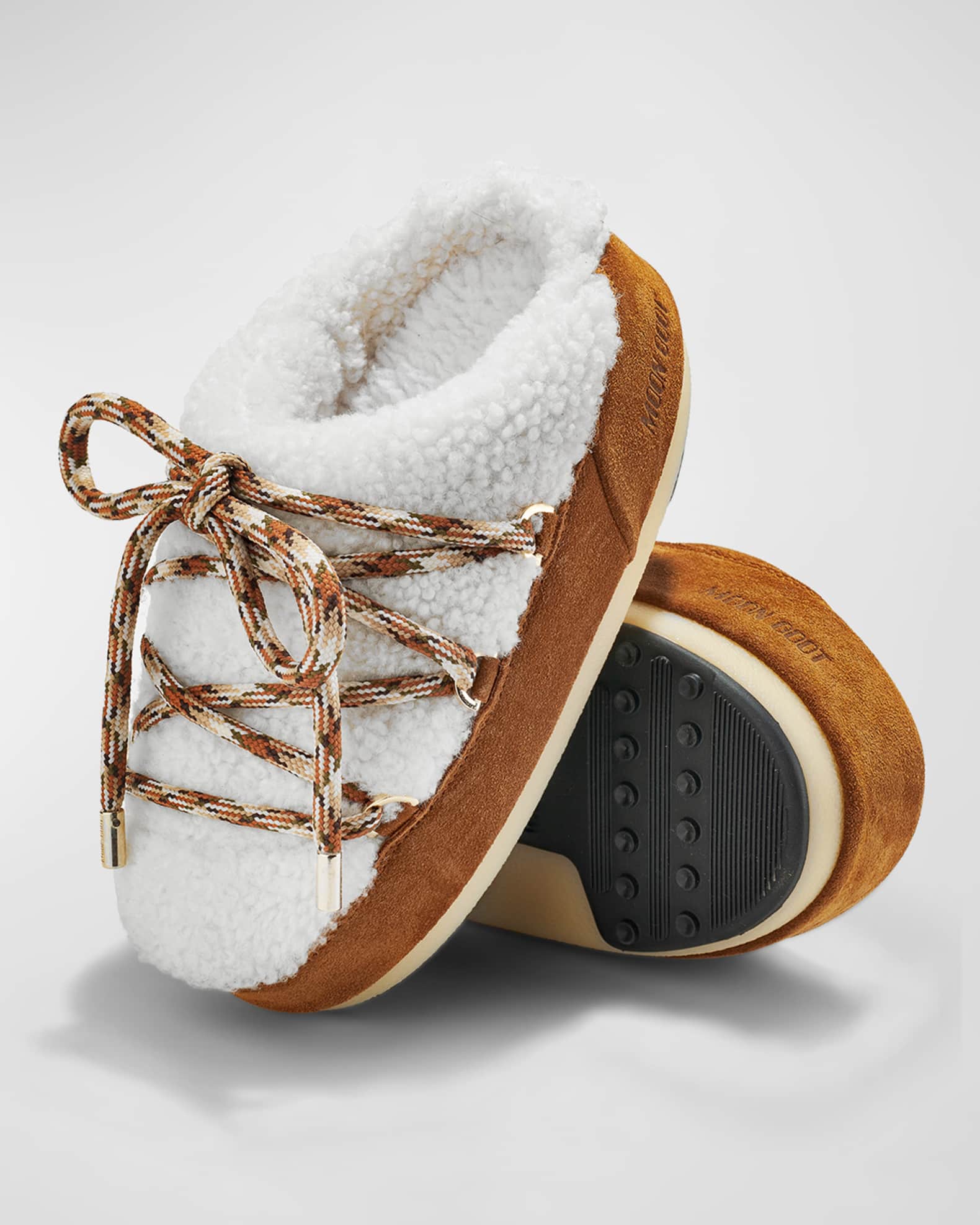 Moon Boot Suede Shearling Lace-Up Mules | Neiman Marcus