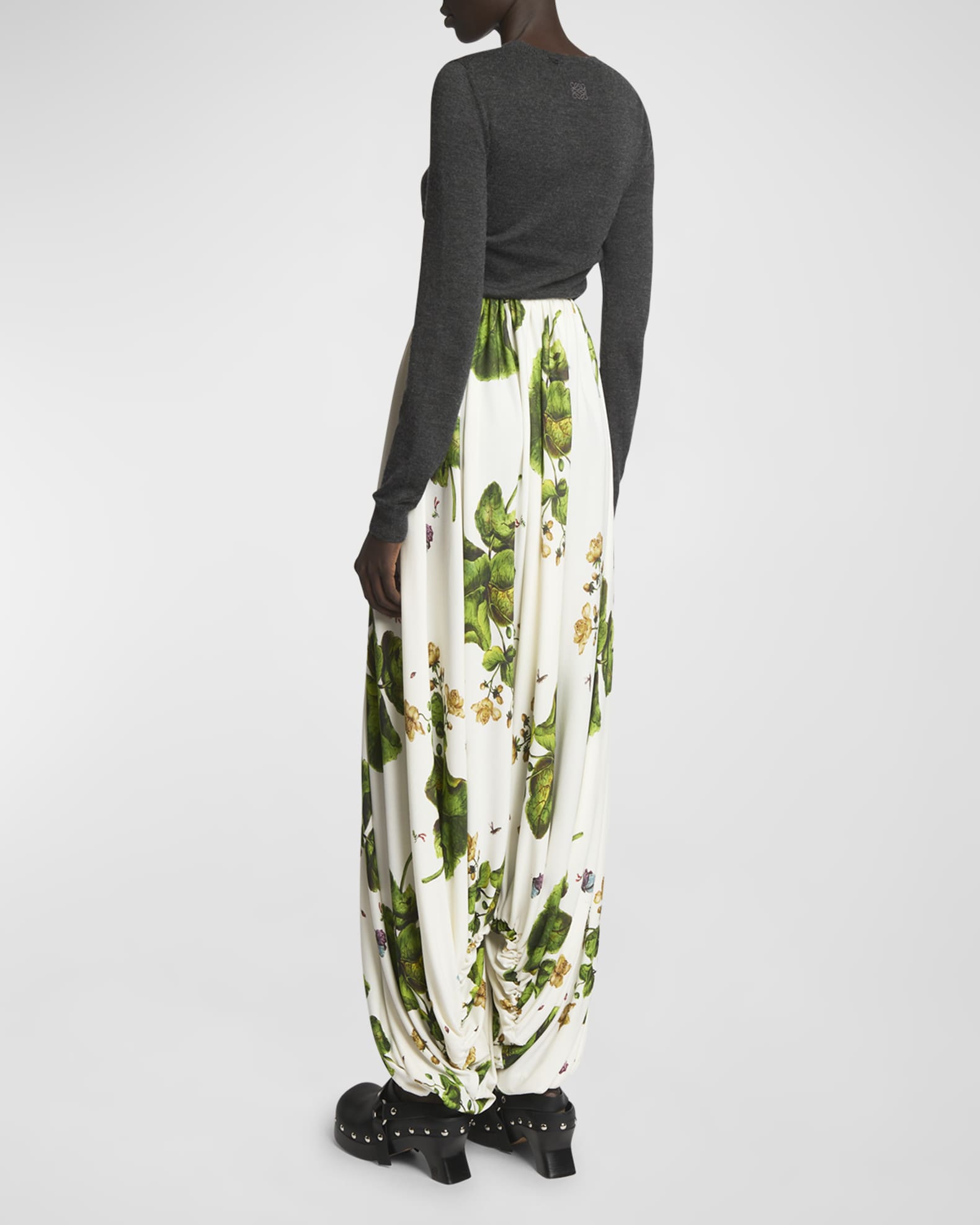 Loewe Leaf-Print Draped Wide-Leg Trousers | Neiman Marcus
