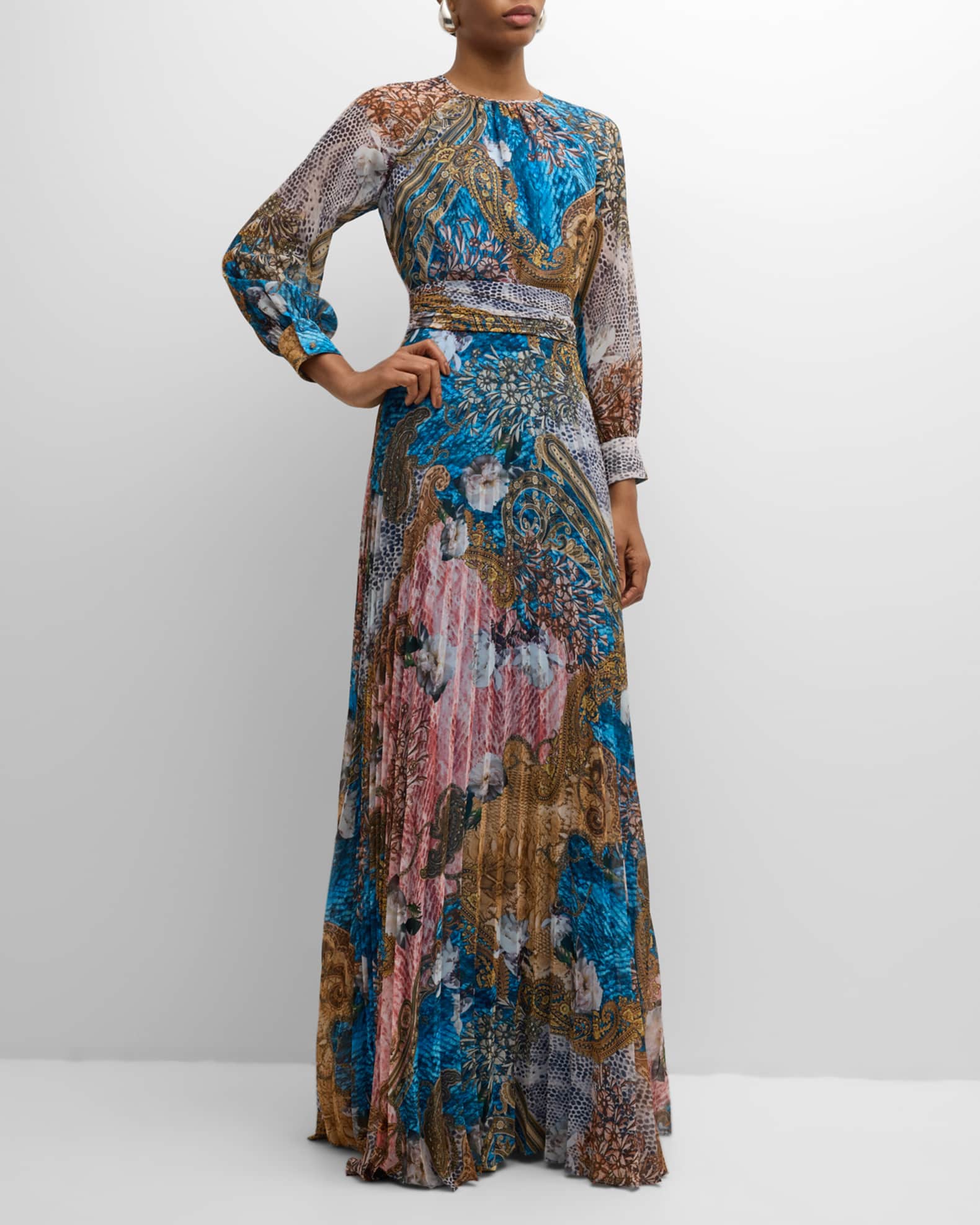 Rickie Freeman for Teri Jon Pleated Floral Snakeskin Print Chiffon Gown Neiman Marcus