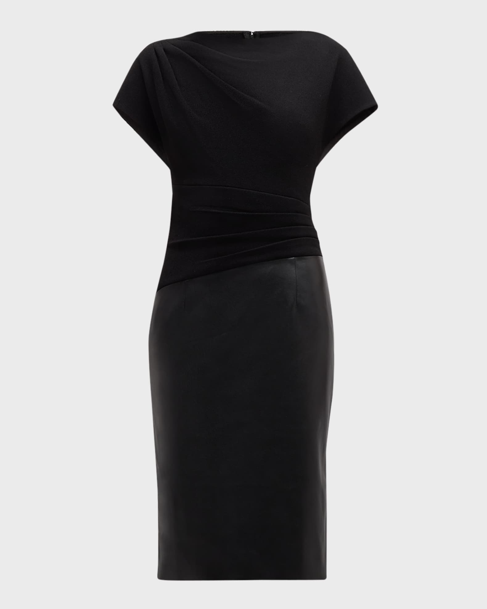 Pleated Crepe and Vegan Leather Dress 0