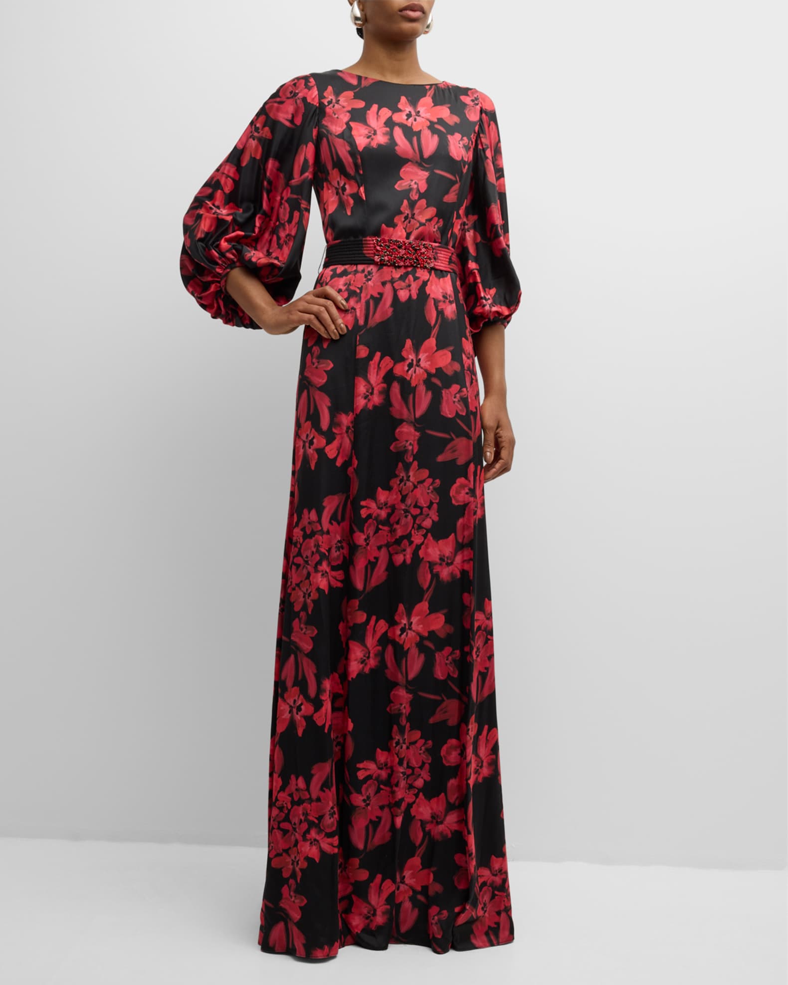 Belted Floral-Print Twill Gown 1