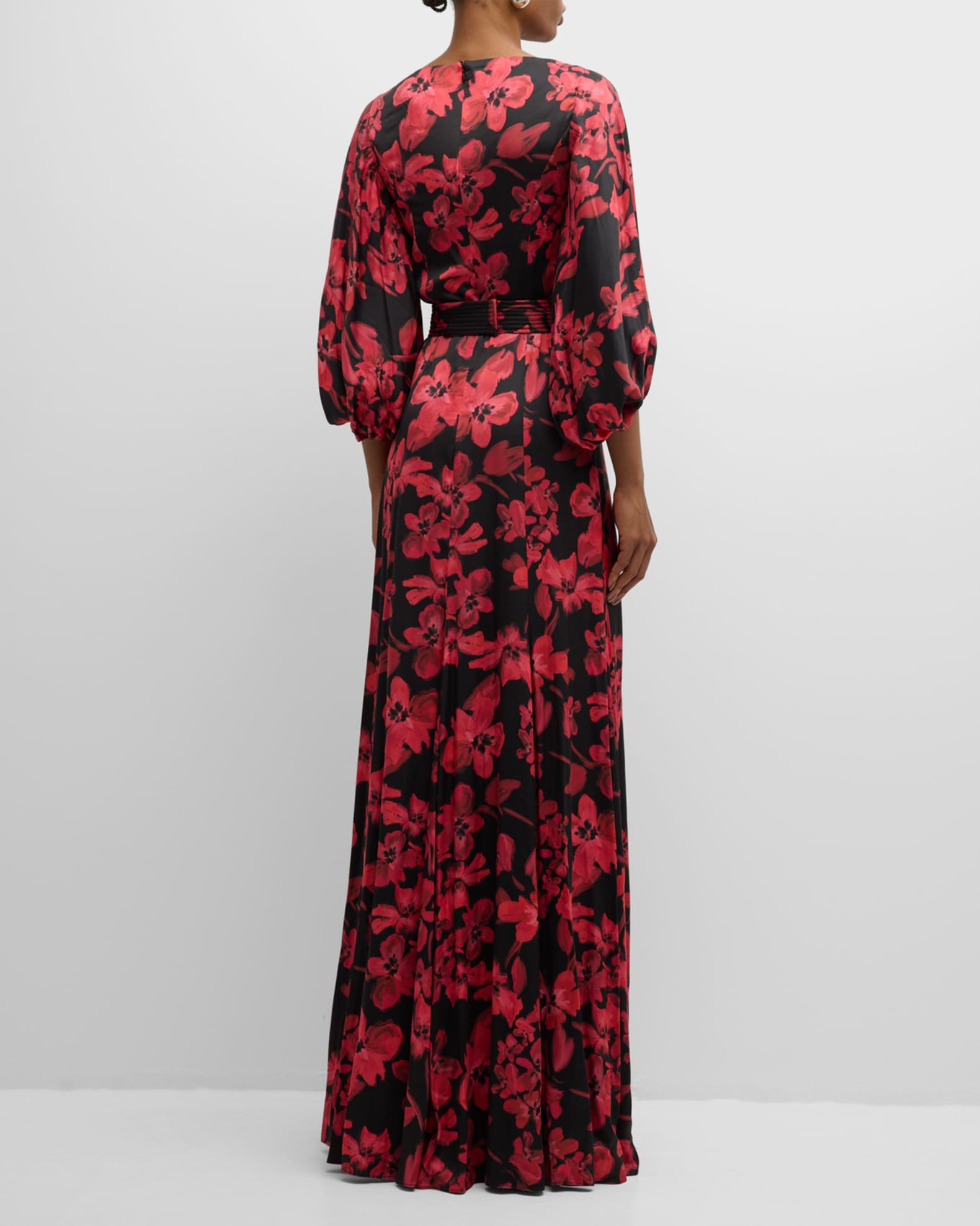 Rickie Freeman for Teri Jon Belted Floral Print Twill Gown Neiman Marcus