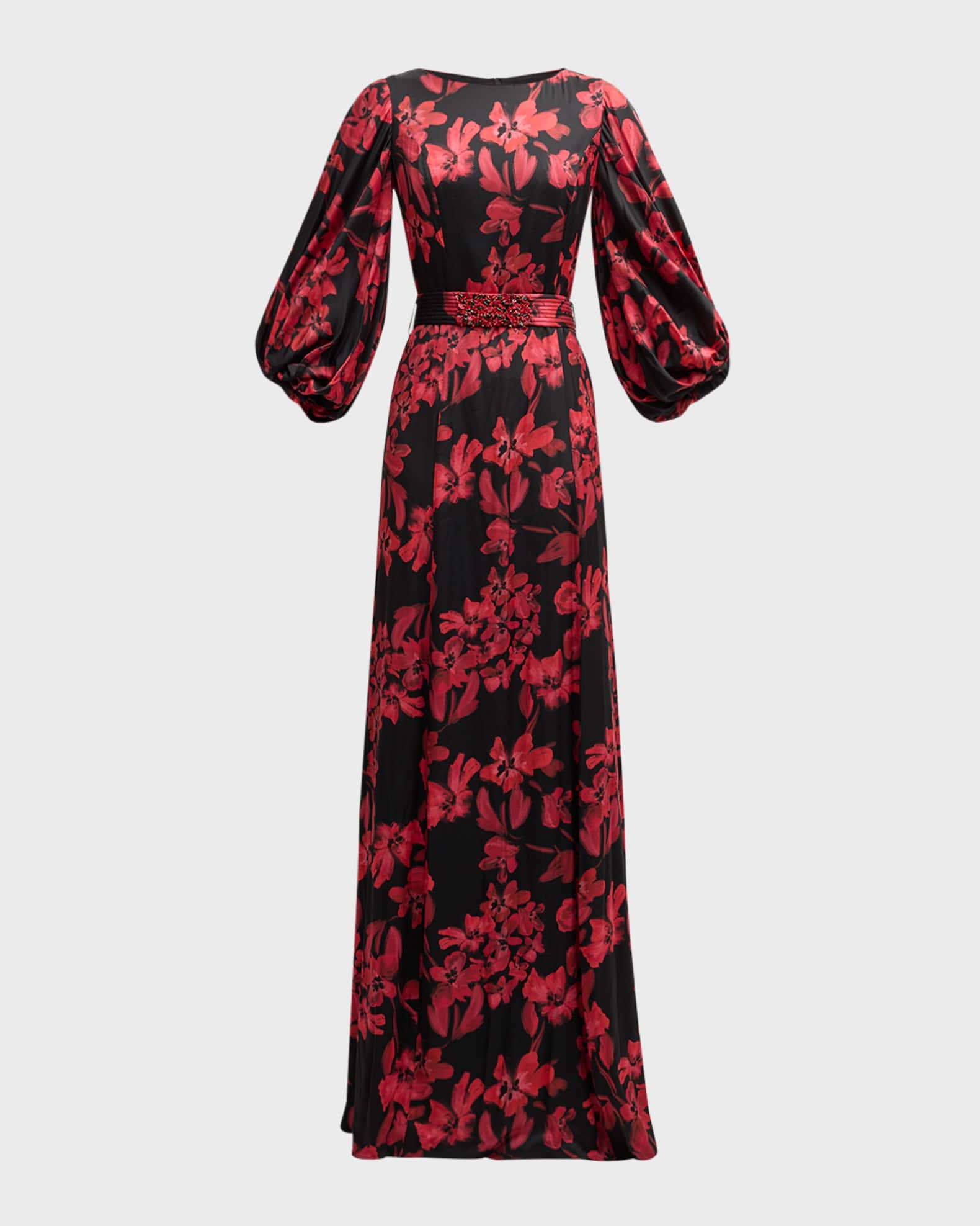 Belted Floral-Print Twill Gown 0